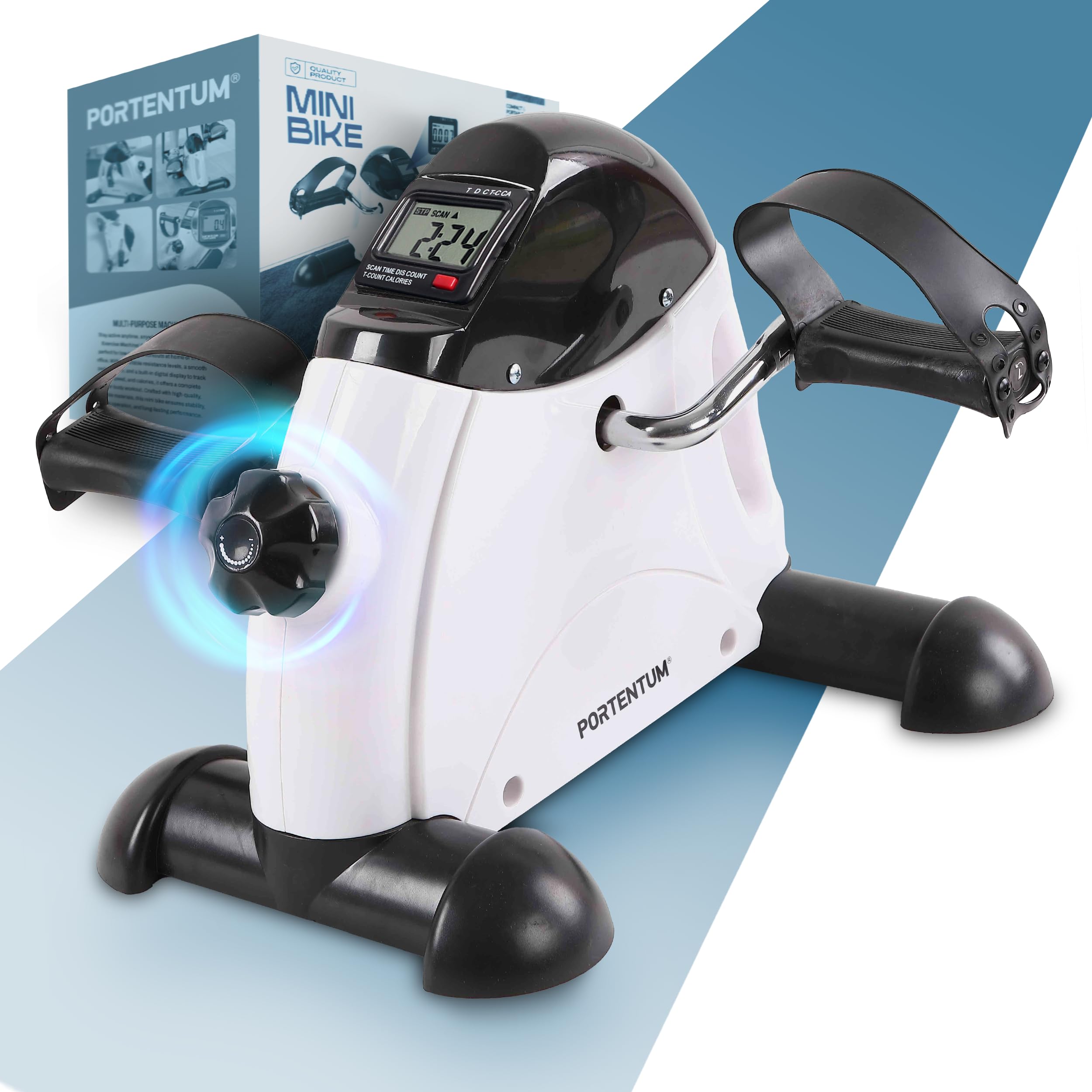 PORTENTUM Pedaltrainer für Senioren mit LCD-Display, 6 Funktionen, einstellbarem Widerstand, Tragegriff – kompakter Mini Heimtrainer