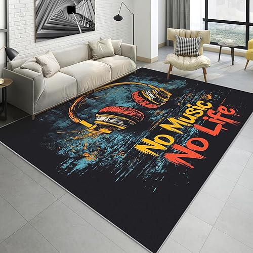 Music Rugs for Bedroom - 3x4 Rug - Music Home Decor & Room Decor - Musical Headphone Area Rug - Graffiti Art Black Retro Rugs for Entryway - Kids