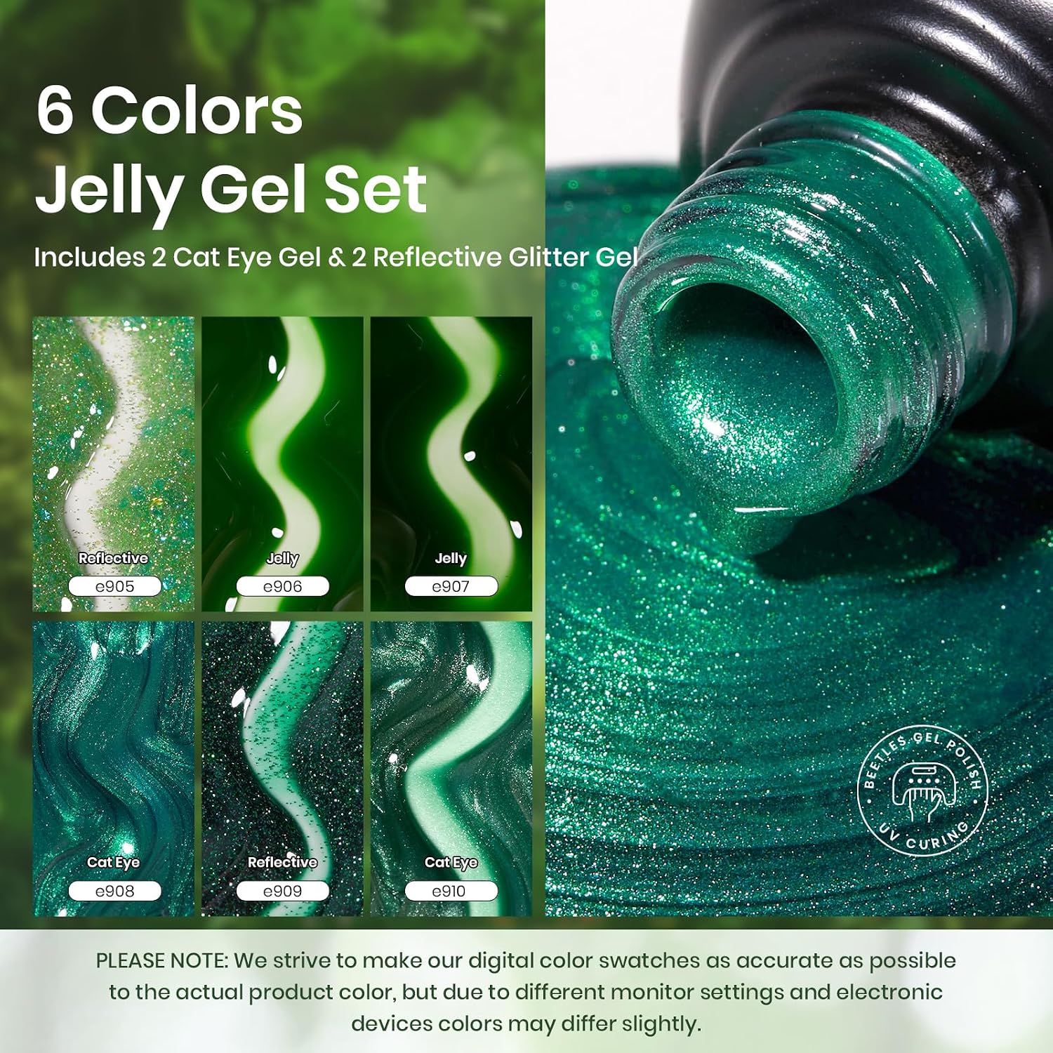 Beetles Green Gel Nail Polish Set, 6 Colors Mint Matcha Emerald Glitter Green Cat Eye Gel Polish, Summer Enchanted Forest UV LED Soak Off Nail Kit for DIY Nail Art Salon Home Gift for Women