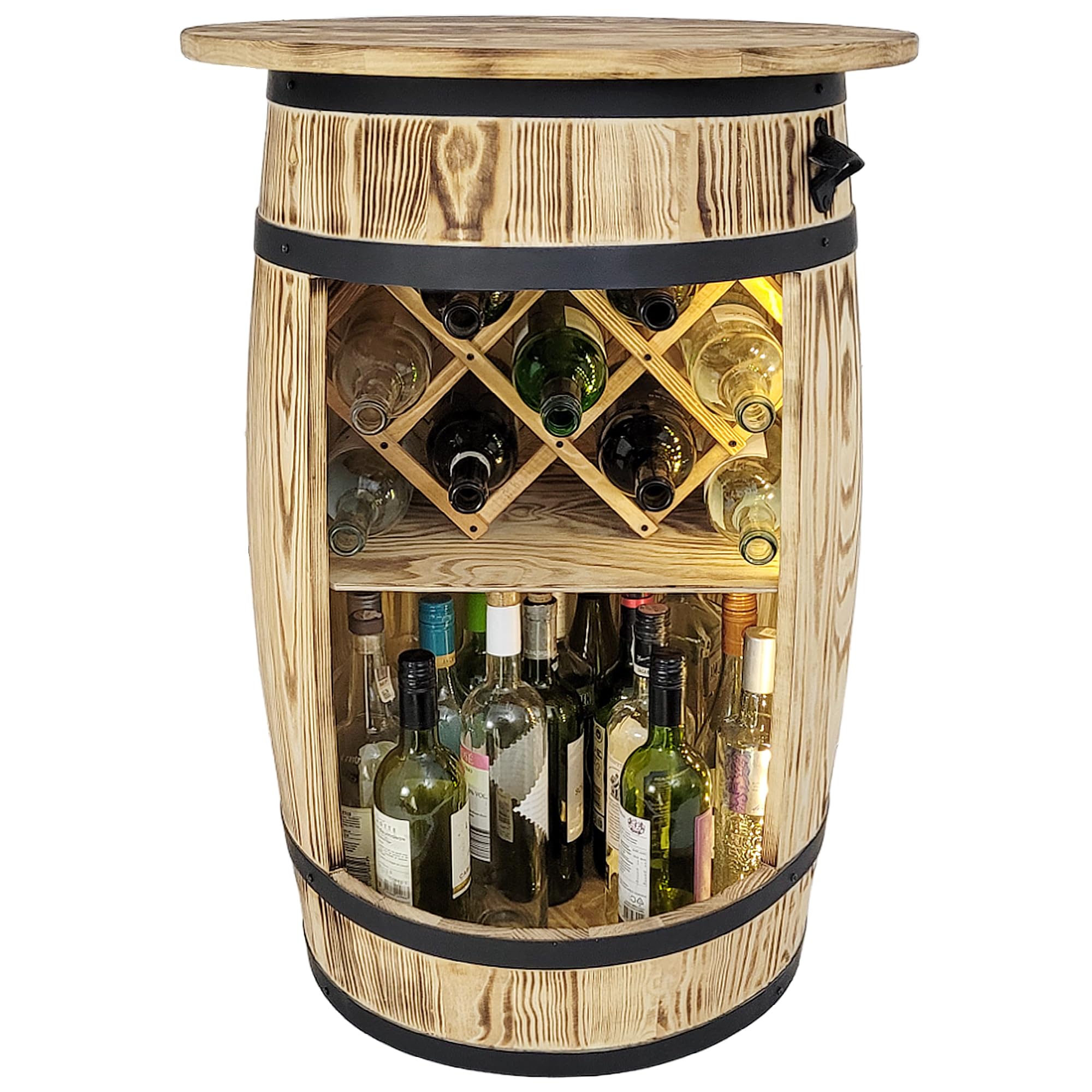 weeco Tonneau en bois avec top blat et porte-vin et lampes LED - Table de bar - Armoire à vin de style rétro - Table de bar - Baril en bois avec couvercle - 80 x 50 cm