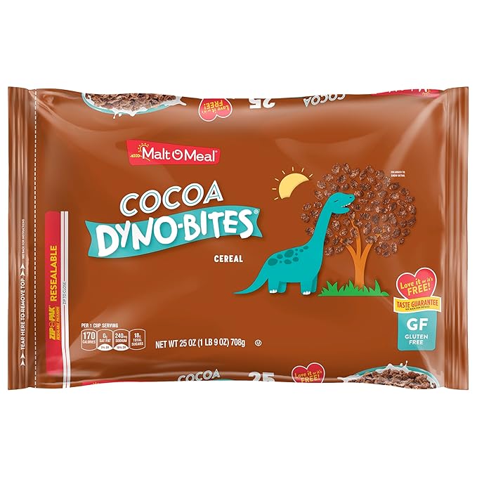 Malt-O-Meal Cocoa Dyno Bites Gluten Free Breakfast Cereal, Crispy Rice Puff Cereal, Large Cereal for Family, 25 OZ Resealable Cereal Bag