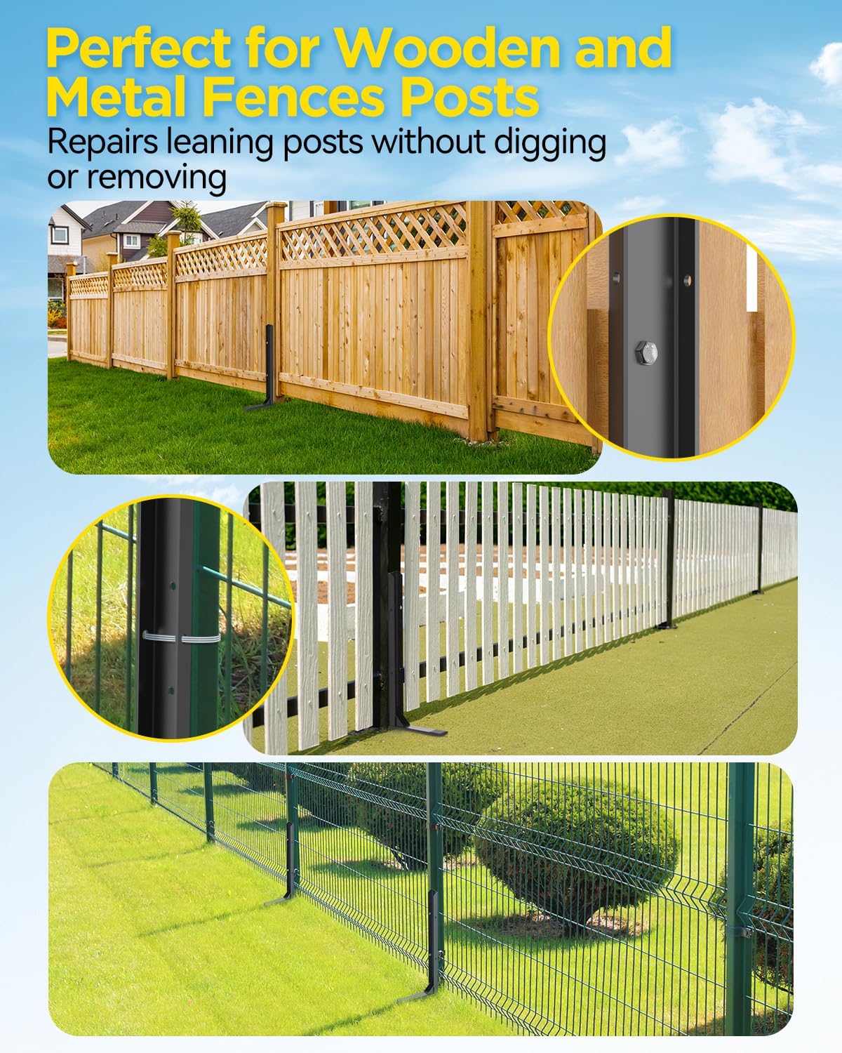 Longer Reinforced Fence Post Repair Kit - 41 Inch, Thickened Fence Mender for Wooden Fence Post Support, Fence Post Anchor with Anti-Rust Coating (2 Pack Reinforced)