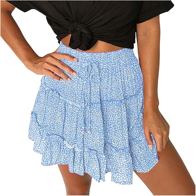 Women's Cute High Ruffle Skirt Floral Print Swing Beach Mini Skirt