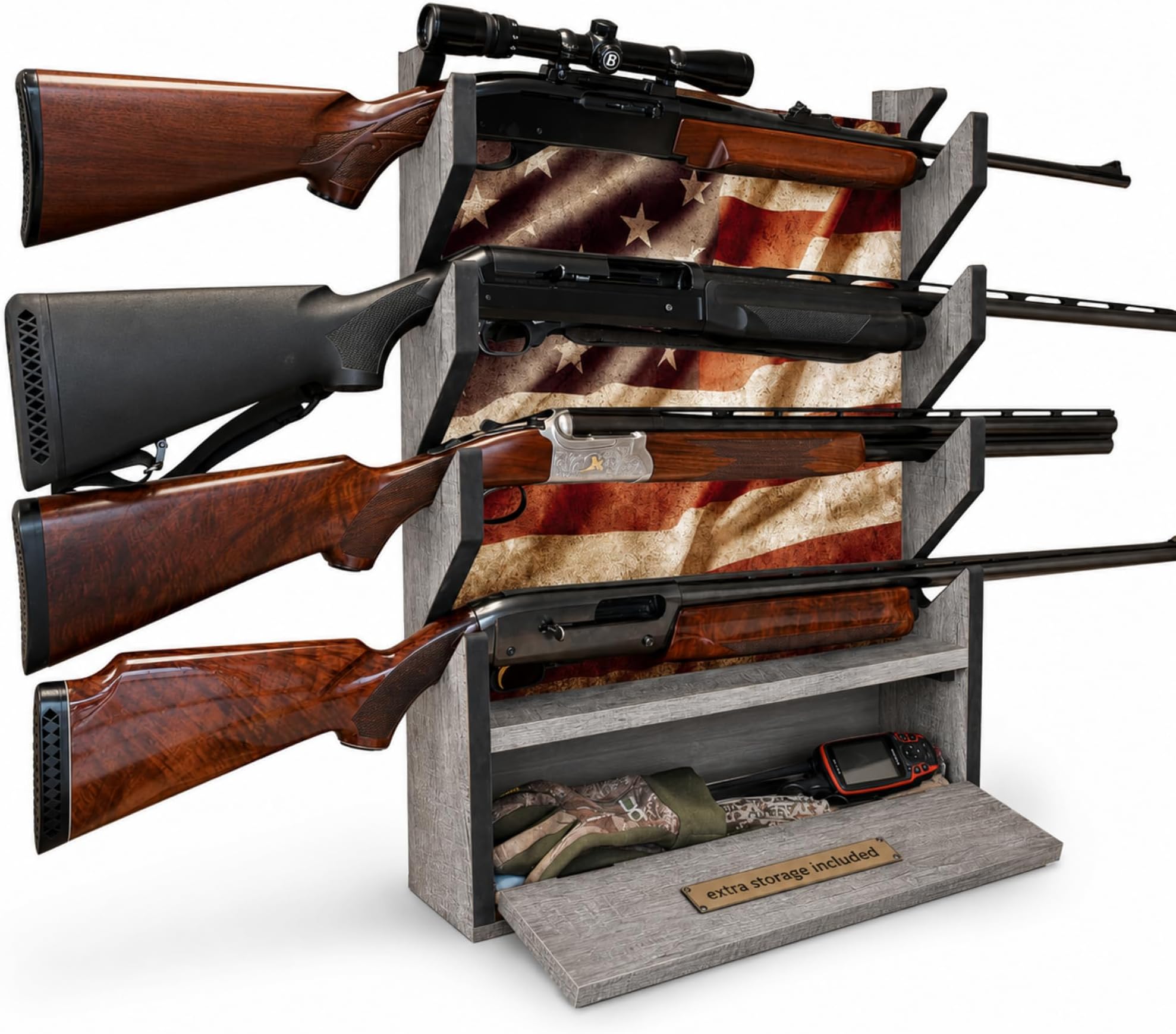 Rush Creek Creations Gun Rack, Wall Mount Gun Rack for Rifles or Shotguns, Patriotic American Flag Design, Additional Storage for Gun Accessories, Barn Wood - Red/White/Blue