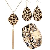 3 Pieces Leopard Earrings Bracelets Women Jewelry Bohemia Earrings Necklace Cheetah Set Multilayer Leather Cuff Boho for Large Wrists Cosplay Party Costume Accessories