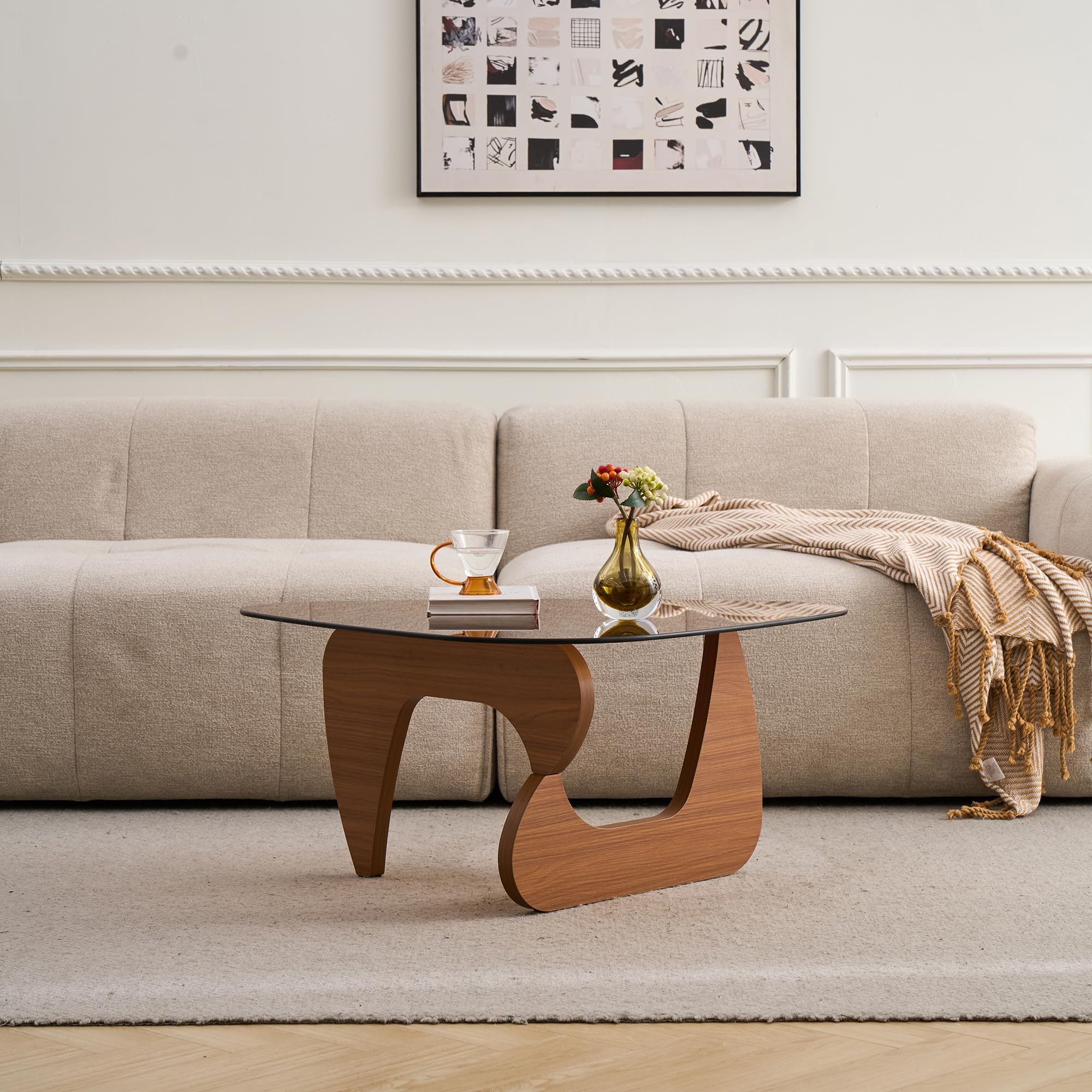 Modern Glass Coffee Table for Living Room Mid Century Small Coffee Tables with Glass Top Wood Base for