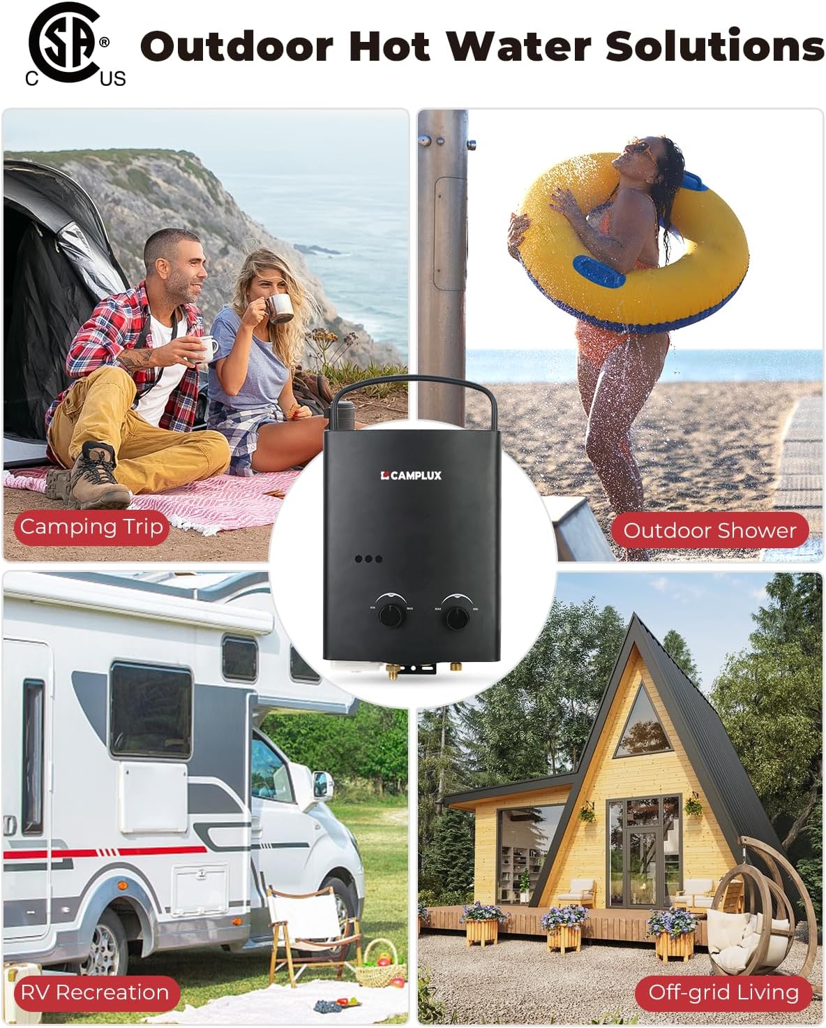 CAMPLUX 1.32 GPM Portable Water Heater, 5L Tankless Water Heater Propane Outdoor, AY132BN, Black