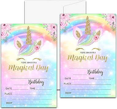 Unicorn Birthday Party Invitation, Magical Unicorn Themed Fill-In Invites for Friends, 20 Invitations With Envelopes 4" X 6", Rainbow Party Favors Decorations and Supplies -29