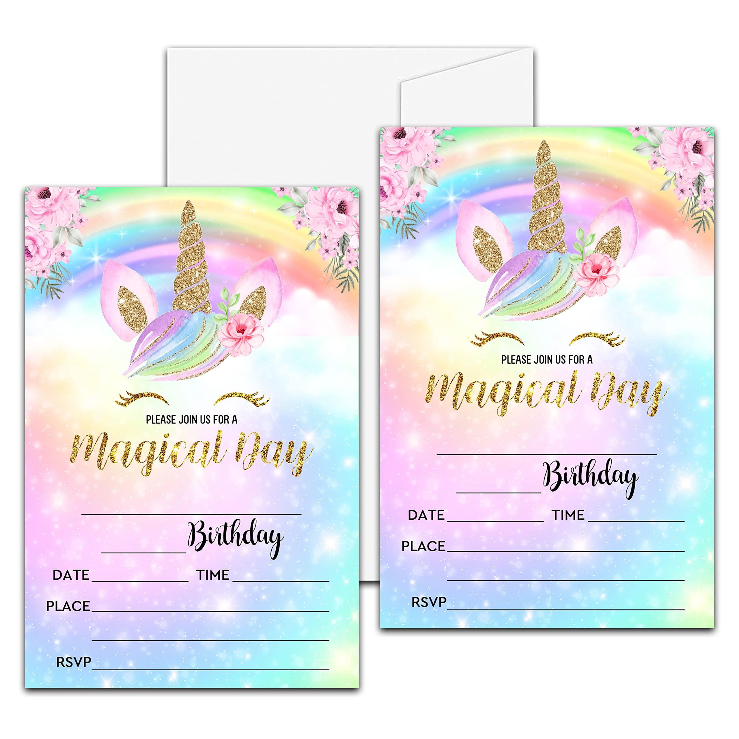 Levitatinyear Unicorn Birthday Party Invitation, Magical Unicorn Themed Fill-In Invites for Friends, 20 Invitations With Envelopes (4" X 6"), Rainbow