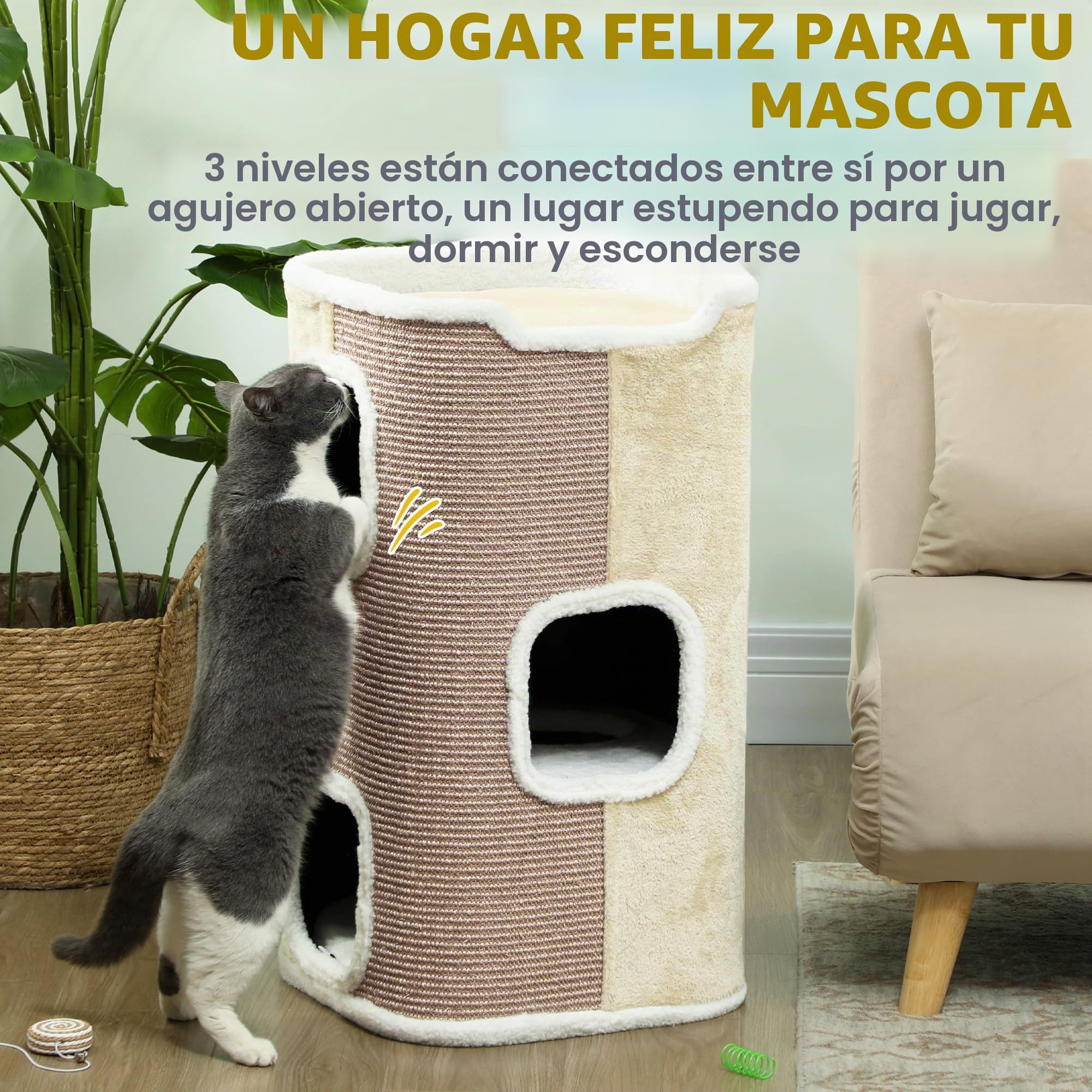 PawHut Rascador para Gatos Árbol de 3 Niveles para Gatos Trepador Aterciopelado y Sisal Beige+Blanco 40 x 40 x 74 cm