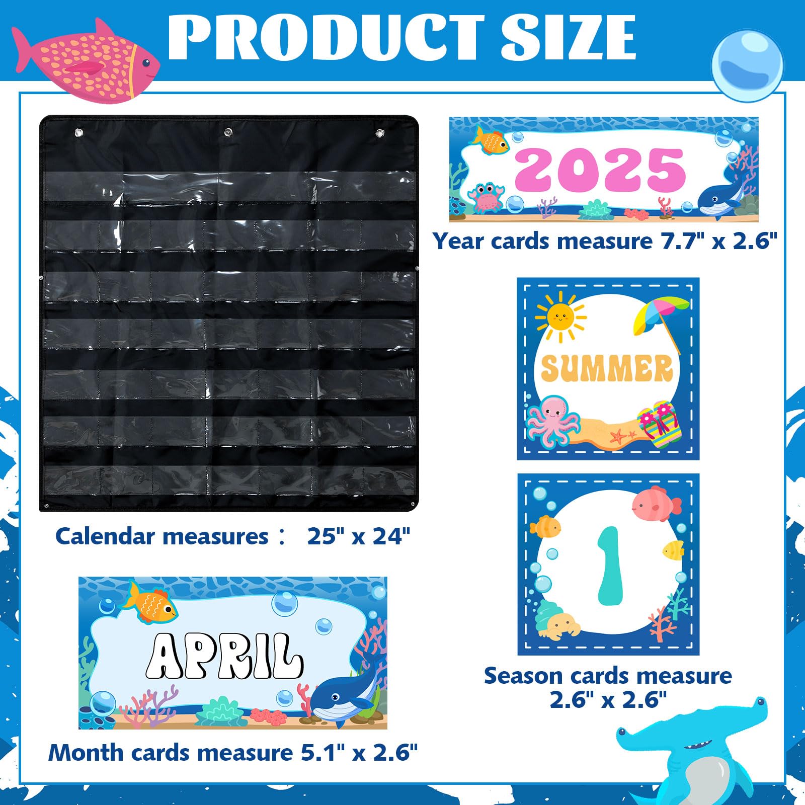 AmazingSpark Calendario de aula con calendario de bolsillo, calendario oceánico, tablón de anuncios con bolsillo, tabla meteorológica para decoración de aula, suministros de regreso a la escuela