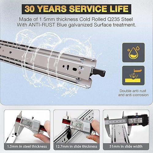 Miniatura 5 de YENUO Diapositivas de cajones de alta resistencia con montaje lateral de bloqueo de 14, 16, 18, 20, 22, 24, 26, 28, 30, 32, 34, 36, 40 pulgadas,