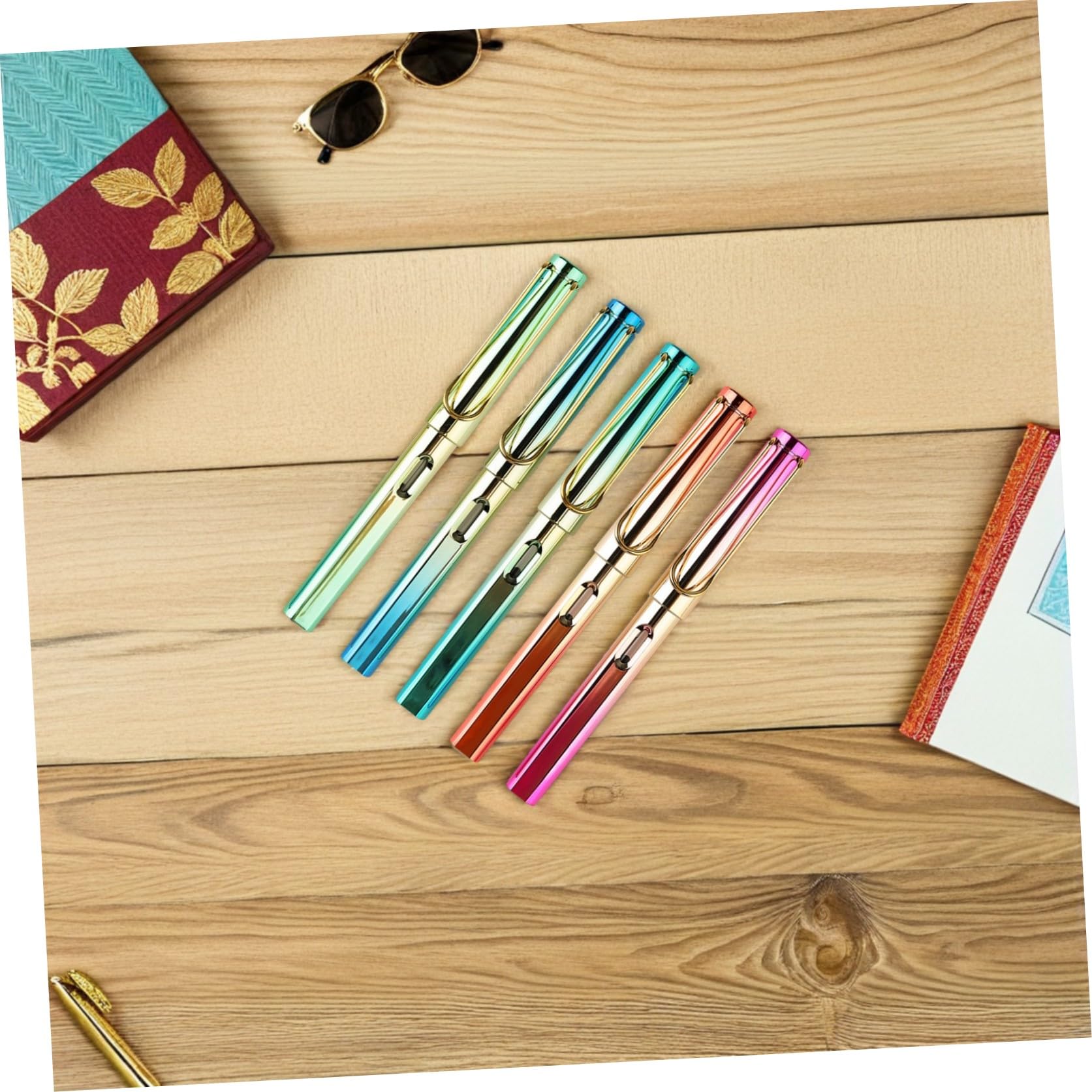 5pièces Lot De Stylos-plume Pour Calligraphie Avec Réservoir Encre Rechargeable Métallique Coloré Pour Apprentissage Et Étudiante