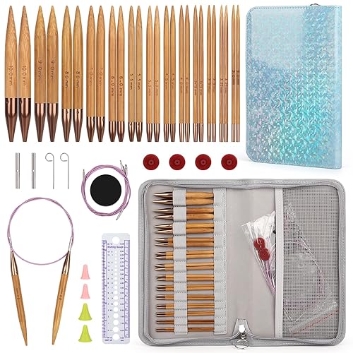 Aeelike Interchangeable Knitting Needles Set, 13 Pairs Circular Knitting Needles Set Bamboo Knitting Needles with Case Knitting Accessories for Socks Blankets Cushions - Bamboo