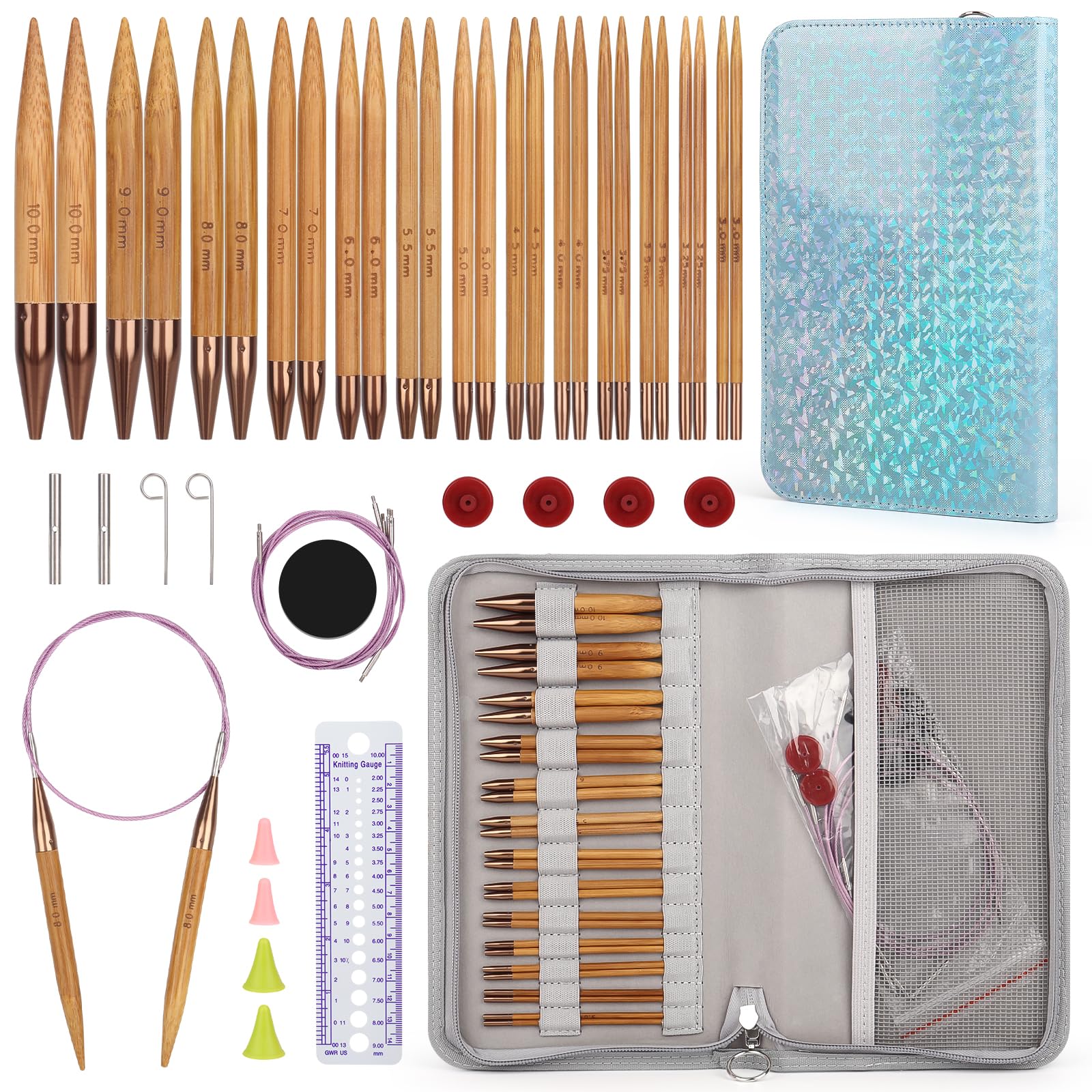 Aeelike Interchangeable Circular Knitting Needles Set, 13 Pairs Bamboo Round Knitting Needles with Case, Ideal Gift for All Ages