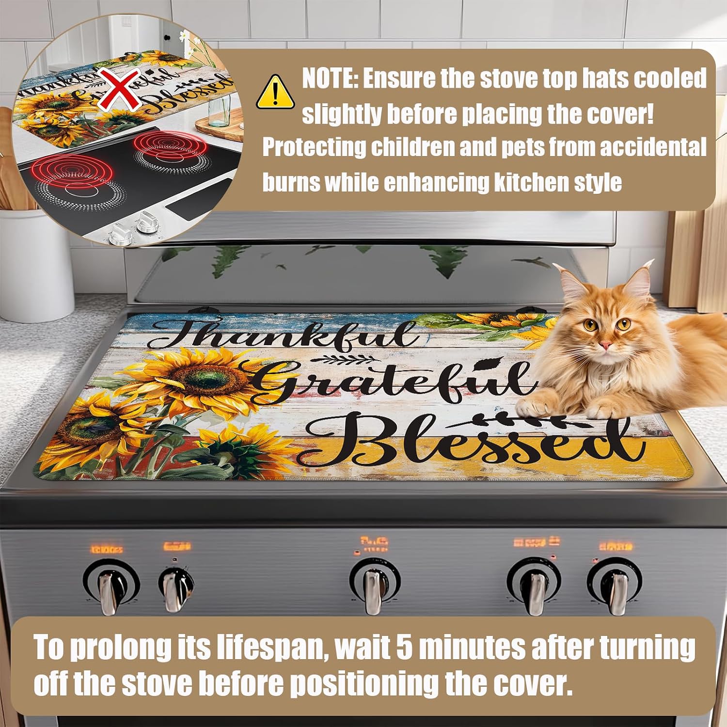 Grateful Stove Top Covers for Electric Stove, Sunflower Electric Gas Stove Pad Heat Resistant Range Cooktop Protector for Home Decor Kitchen 28"x20"