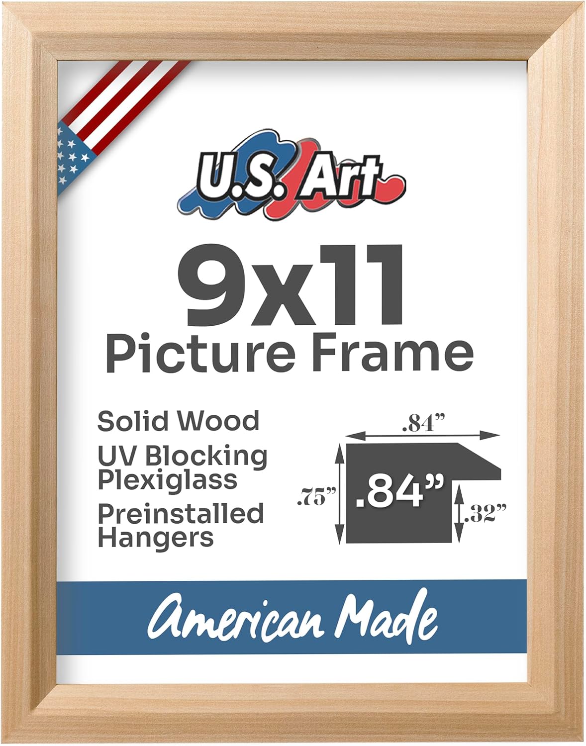 Unfinished Raw Wood 9x11 Picture Frame Beveled .84" Inch Wide - Unfinished Raw Wood Wall Decor Handmade Solid Wood Frames with Preinstalled Hangers and UV Blocking Plexiglass 11x9 Frame