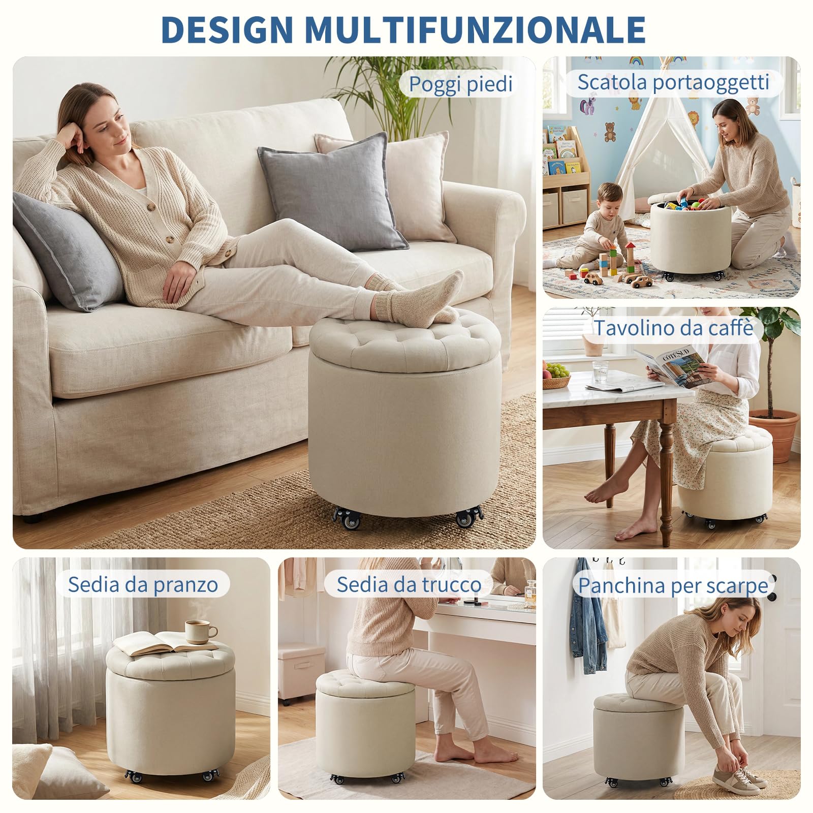 Pouf Contenitore con Ruote, 48cm Pouf Poggiapiedi Rotondo, Sgabello Imbottito con Lavorazione Capitonné e Coperchio Rimovibile per Soggiorno, Camera da Letto e Sala da Pranzo, Lino, Beige