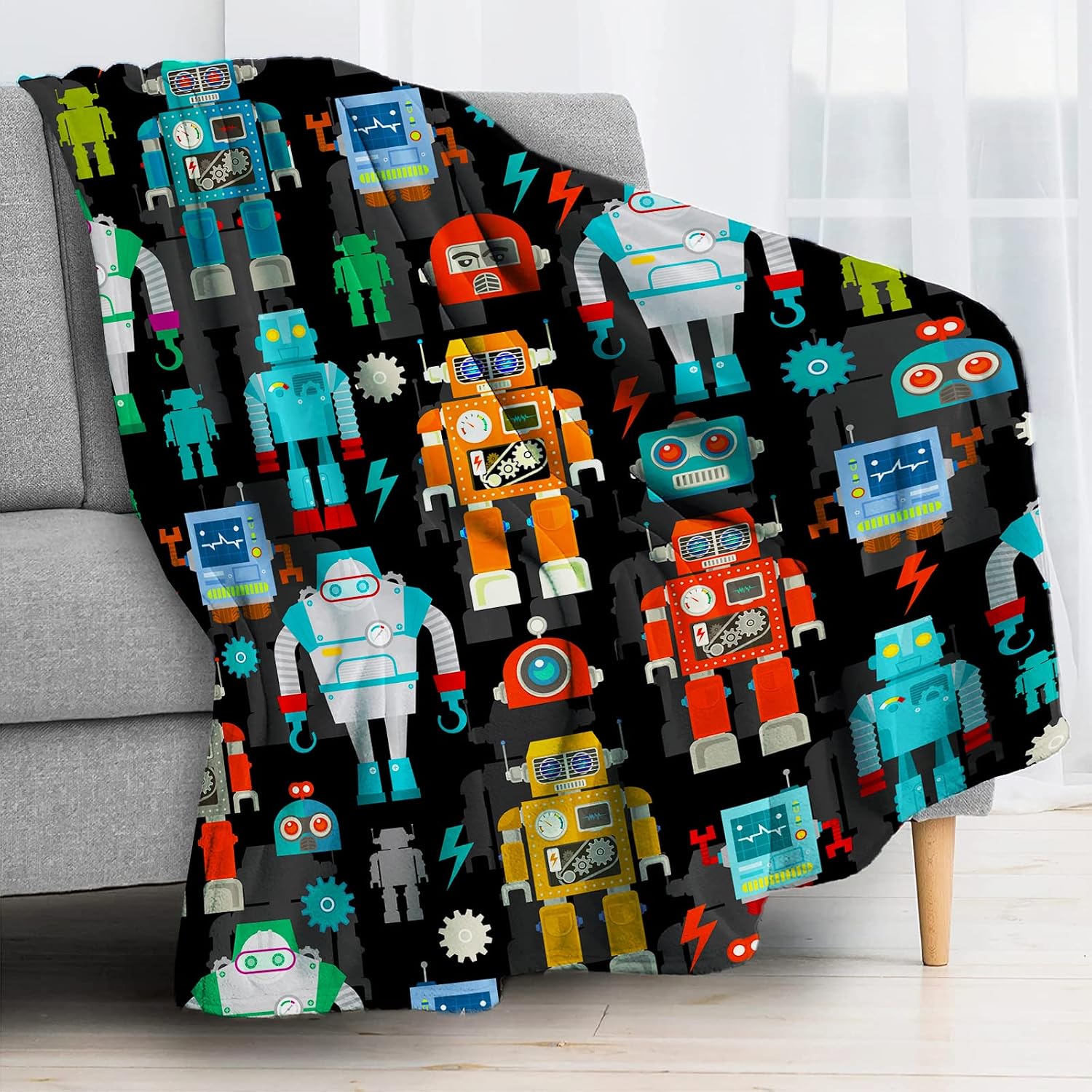 Black Robot Throw Blanket Lightweight Classic Robots Flannel Throw Soft Comfy Plush Blanket for Sofa Office Traveling Camping Home (Robots,40x50in)