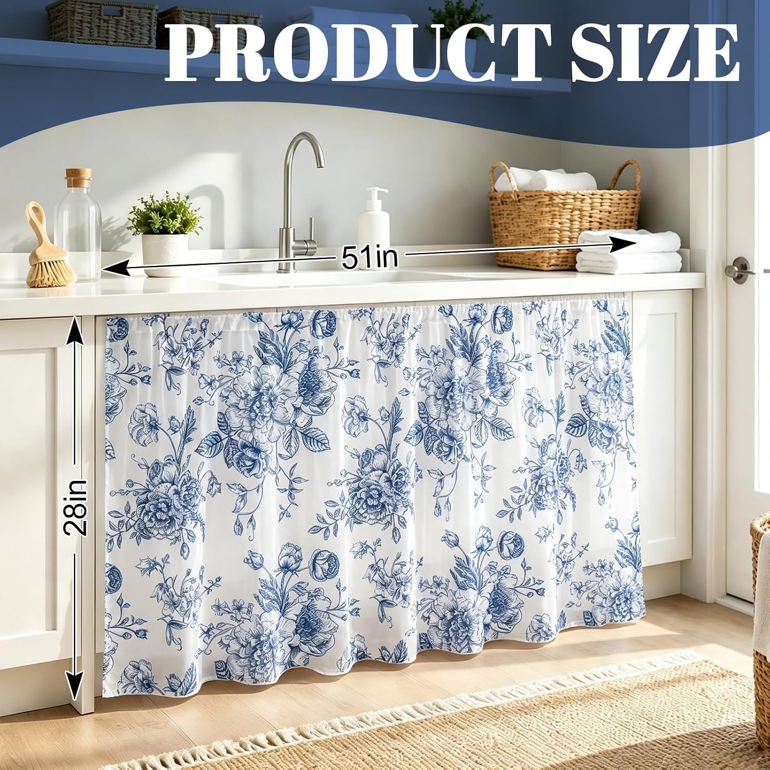Whaline Blue Floral Cabinet Curtains Vintage Chinoiserie Flower Sink Skirt Blue White Dishwasher Table Curtain for Farmhouse Home Kitchen Bathroom Laundry Room, 28 x 51 Inch