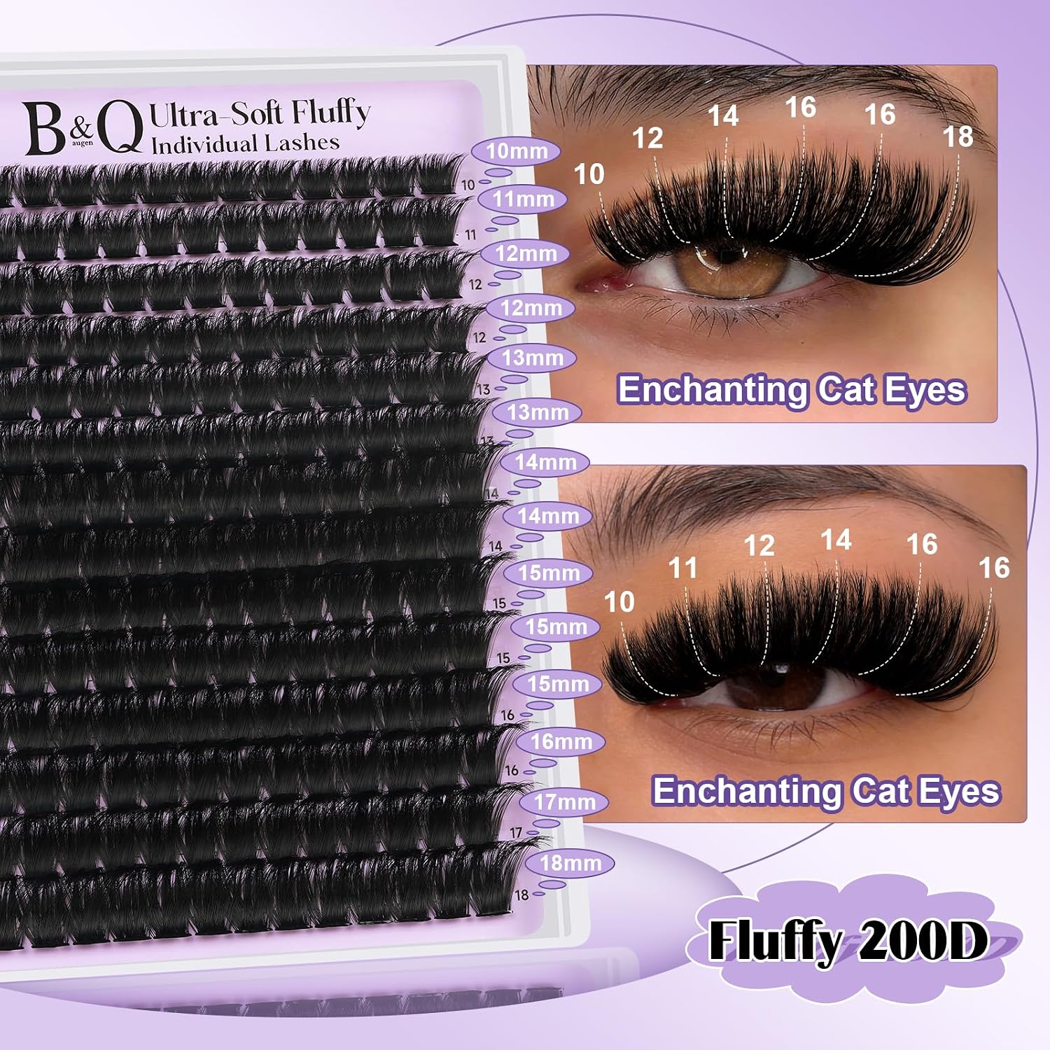 B&Q Fluffy Lash Clusters Thick 200D, Volume Eyelash Clusters 10-18mm, D Curl Cluster Eyelash Extensions, Supersoft Individual Lashes Wispy Cluster Lashes Dramatic Full Look Eyelash（200D） thumbnail