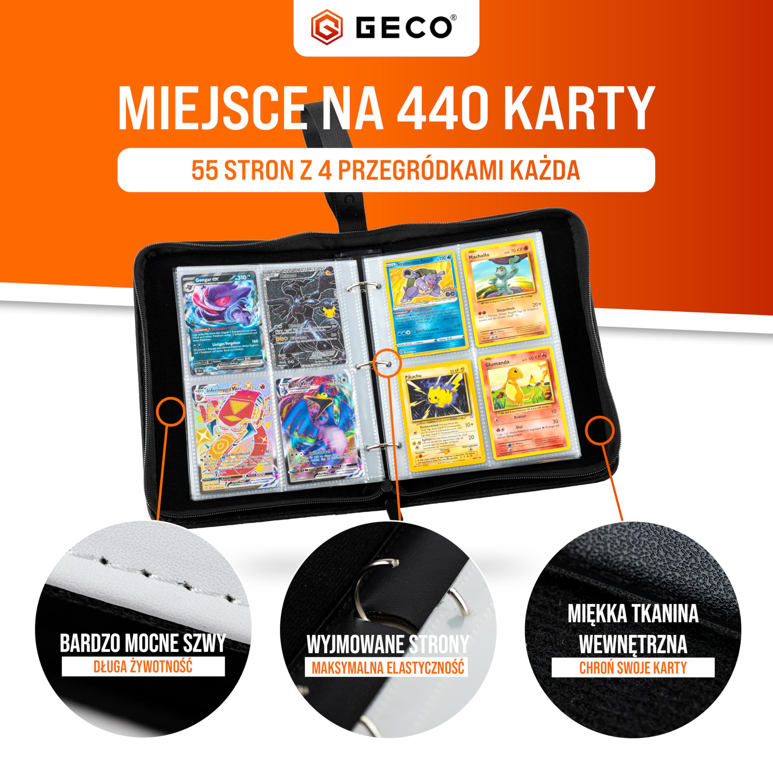 Album kolekcjonerski na karty kolekcjonerskie - kolekcjonerski album na karty z zamkiem błyskawicznym - segregator z 4 kieszeniami - 55 stron na 440 kart - Poke Ball-Design - czerwony