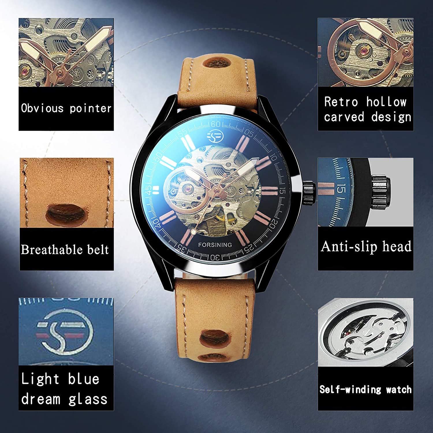 MASTOP Herren-Armbanduhr, automatisch, mechanisch, luxuriös, offenes Design, selbstaufziehend, Leder