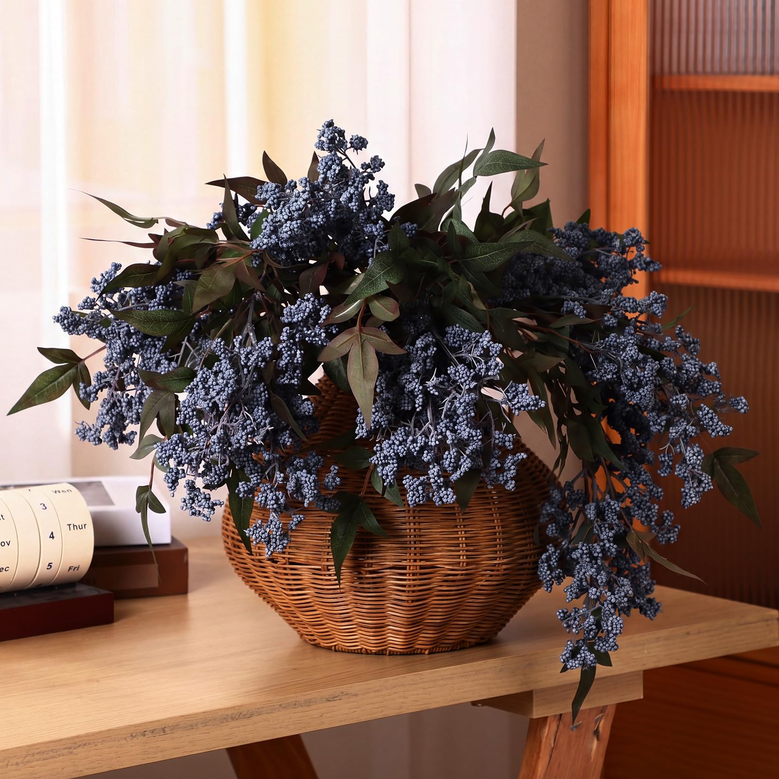 Zeyune 3 tallos artificiales de arándanos artificiales de otoño, ramas de bayas azules, ramas de sedum falso para vacaciones, temporada, granja, repisa, repisa, decoración del hogar (35 pulgadas)