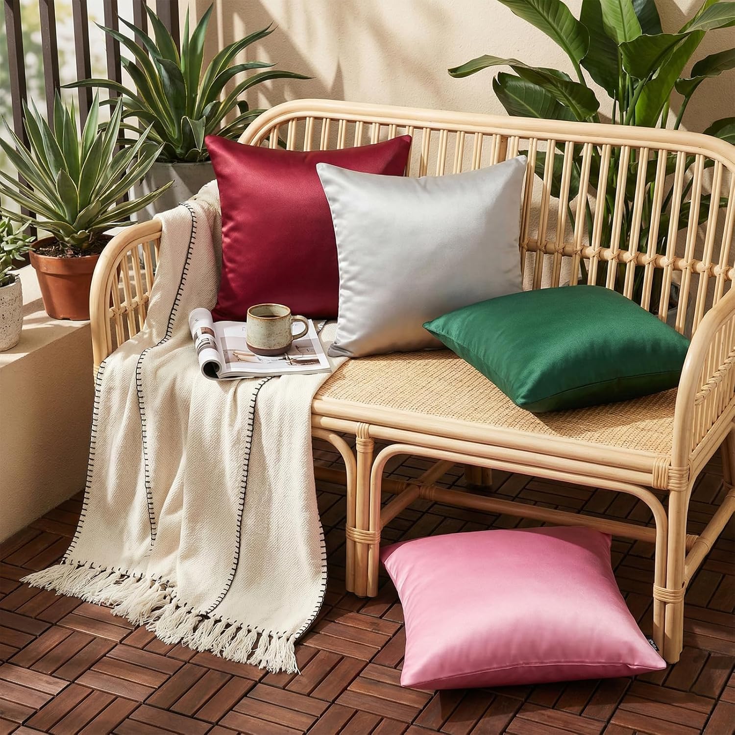 Faylapa 4 Pack Satin Throw Pillow Cases,Dark Pink Heavy Silk Satin Decorative Pillow Covers Solid Dyed Soft Pillow Cover Home Decor,20" x 20"(Case ONLY)