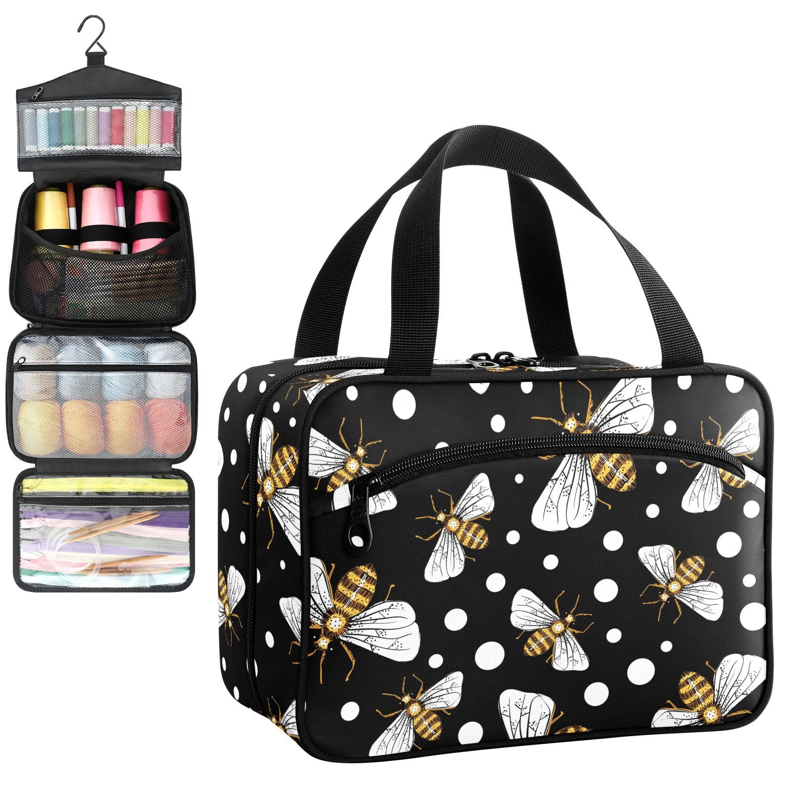 YNNALE Sewing Supply Organizer Bag, Bumblebee Polka Dot Black Yellow Bee Portable Sewing Bags with Pockets&Hanger, Sewing Storage Box Case for Sew Supplies/Kit/Tools/Accessories (BAG ONLY)