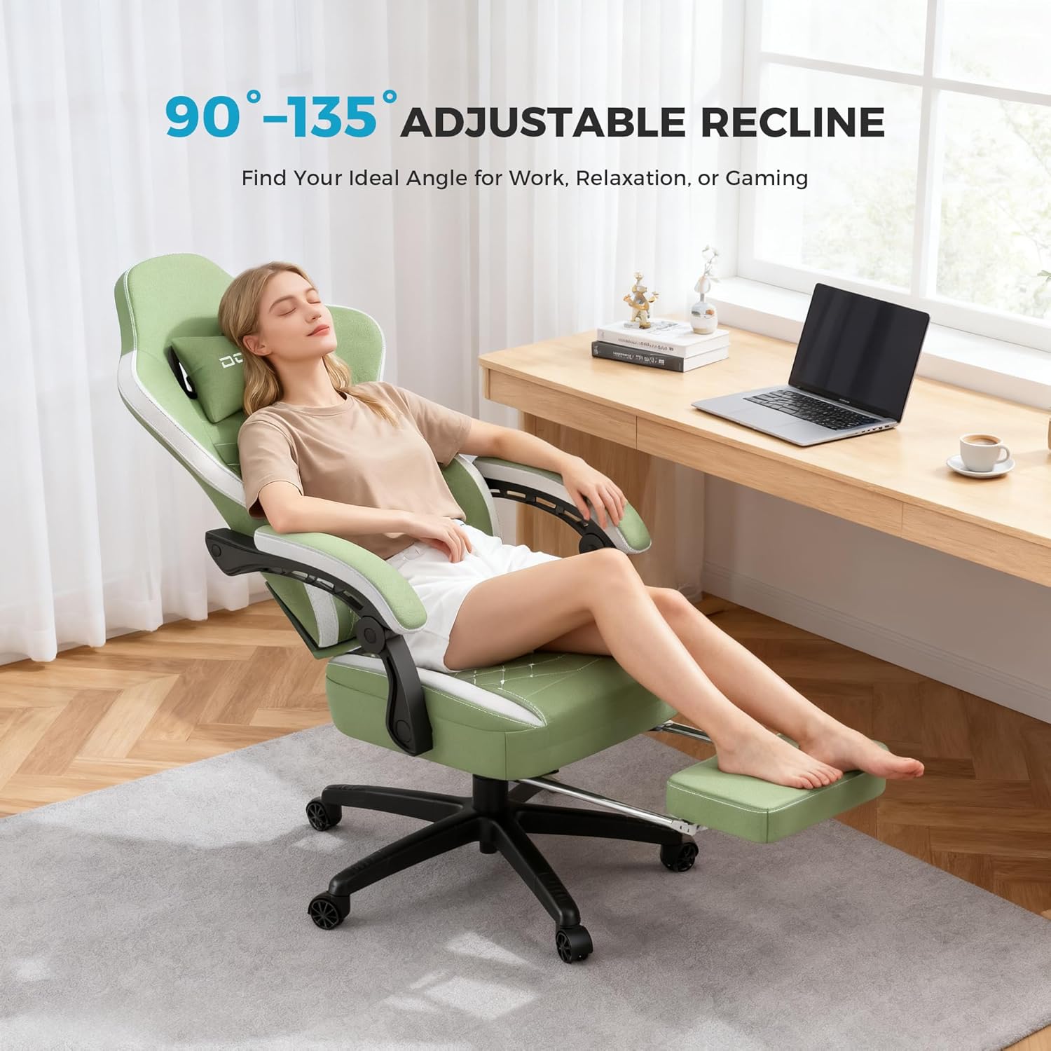 Dowinx Gaming Chair Breathable Fabric Game Chair with Gel Pad and Storage Bag, Comfortable Gamer Chair with Pocket Spring Cushion, Ergonomic Computer Chair with Footrest, Green - Image 8