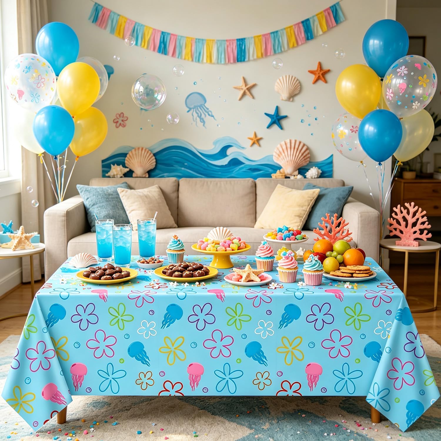 4Pcs Ocean Birthday Party Supplies Blue Ocean Flower Tablecloth 51x86 Inch Rectangle Sea Tablecloth Blue for Beach Pool Birthday Party Decoration Shower Supplies