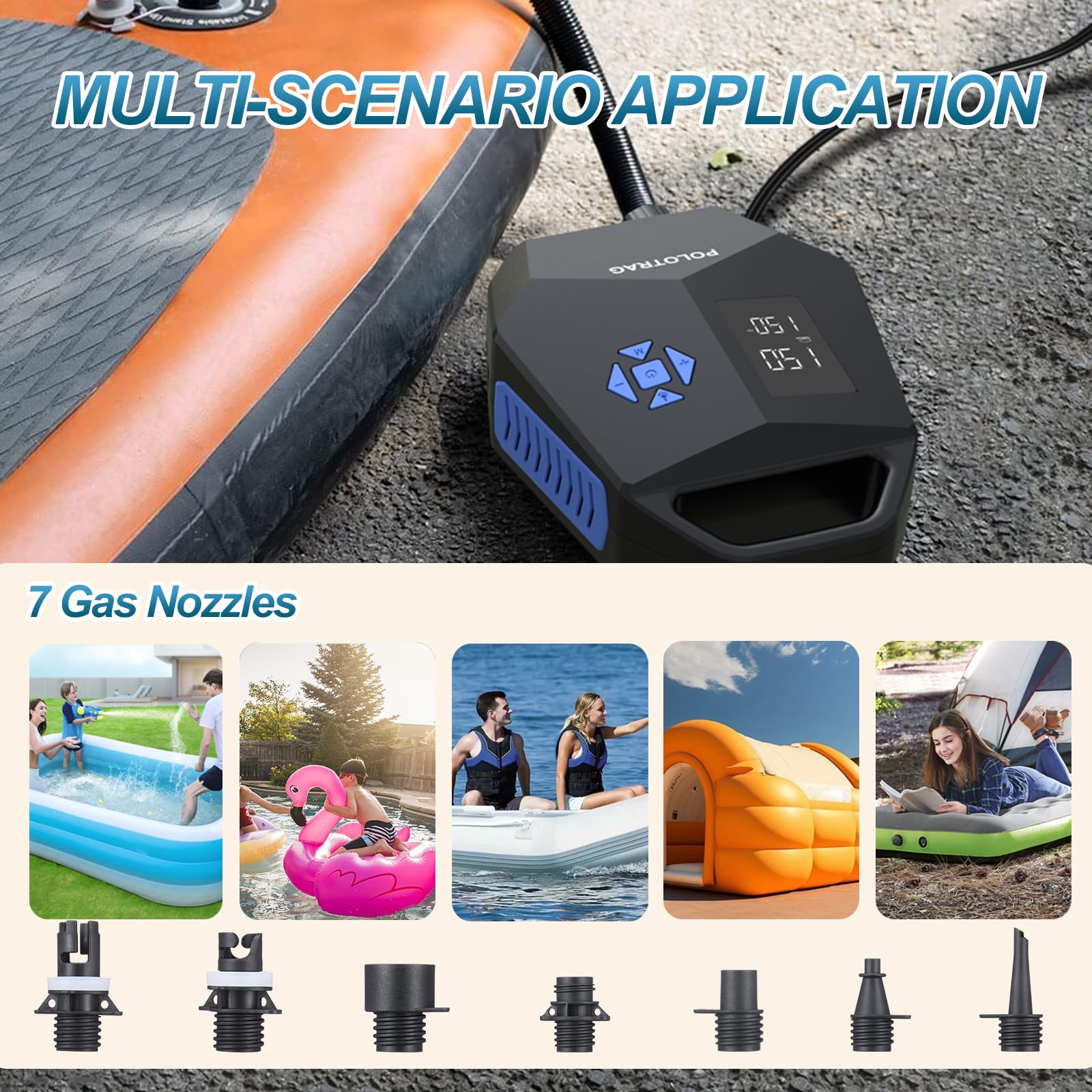 Polotrag Paddle Board Pump, SUP Pump Electric Portable with Auto-Off/Deflation, Dual Stage 12V DC Car Connector Air Pump for Inflatables, Kayak and Air Mattress(Blue)