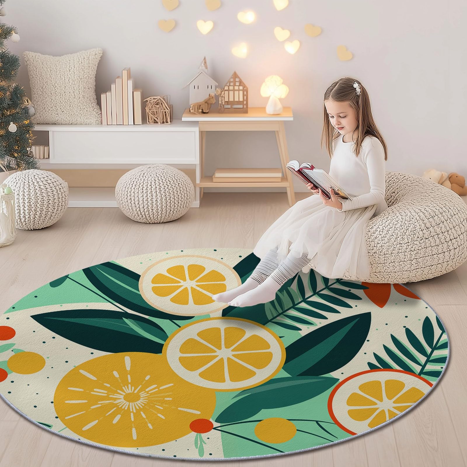 Tapis rond jaune et vert lavable pour décoration intérieure de salon