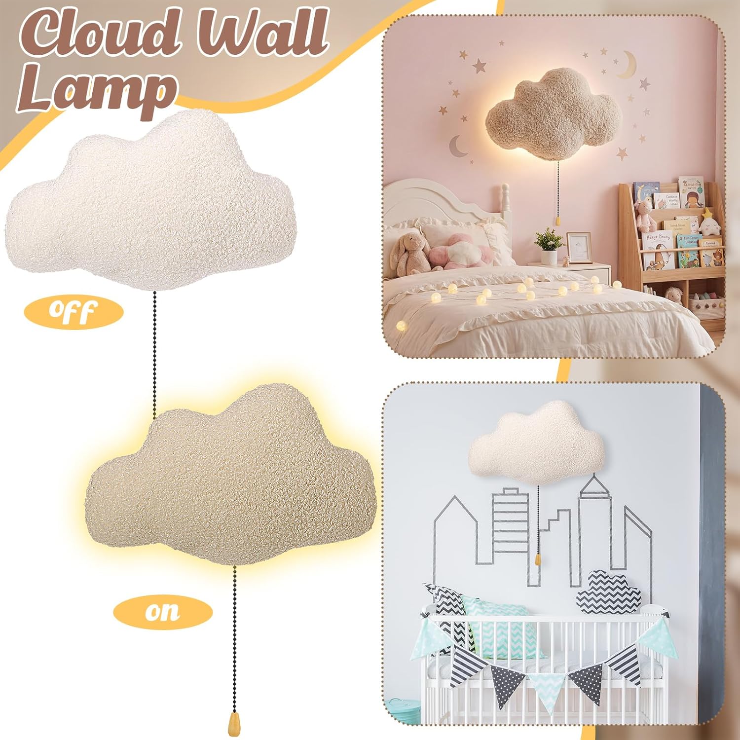 Aurelema Fluffy Cloud Night Light Wall Lamp Sleeping Nursery Lighting Cute Floating Battery Operated Hanging Lamp for Baby Boys Girls Bedroom Room Nursery Wall Decorations