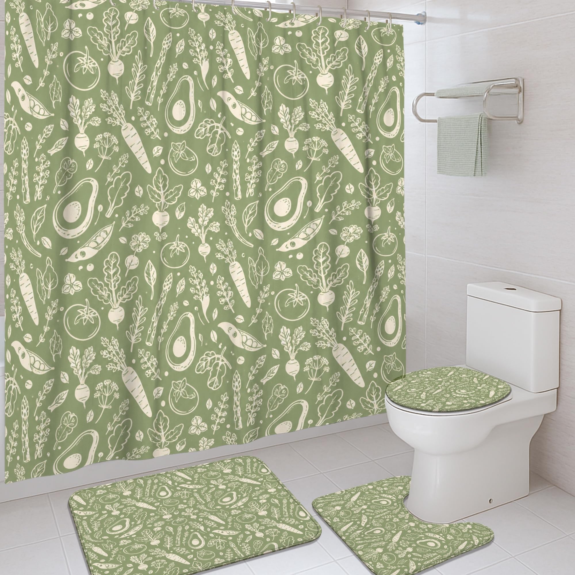 Rideaux de douche bio à motif carottes et tomates pour une ambiance de salle de bain estivale