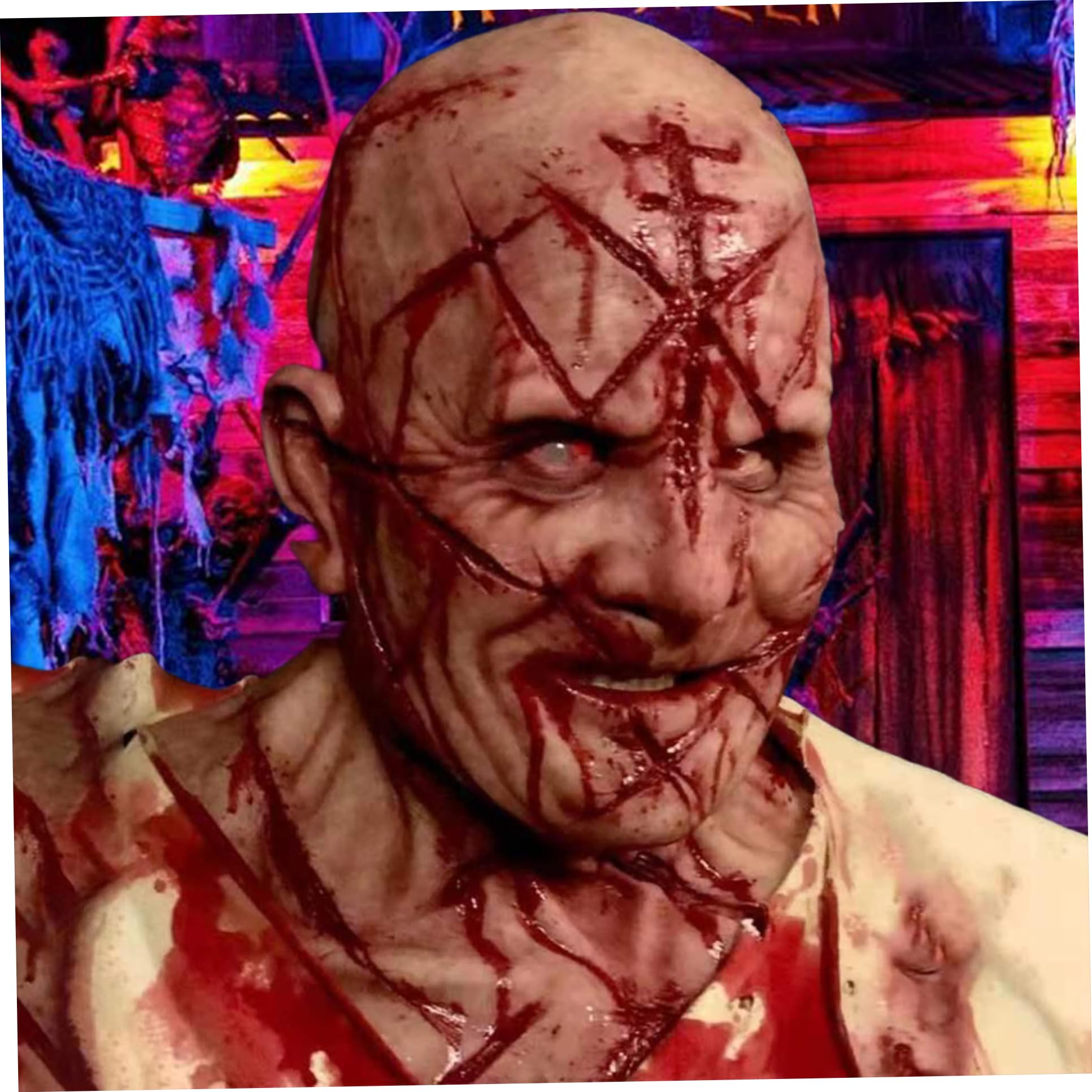 Maschera realistica per testa calva in lattice, maschera horror di Halloween con cicatrici sanguinanti e fori di ventilazione