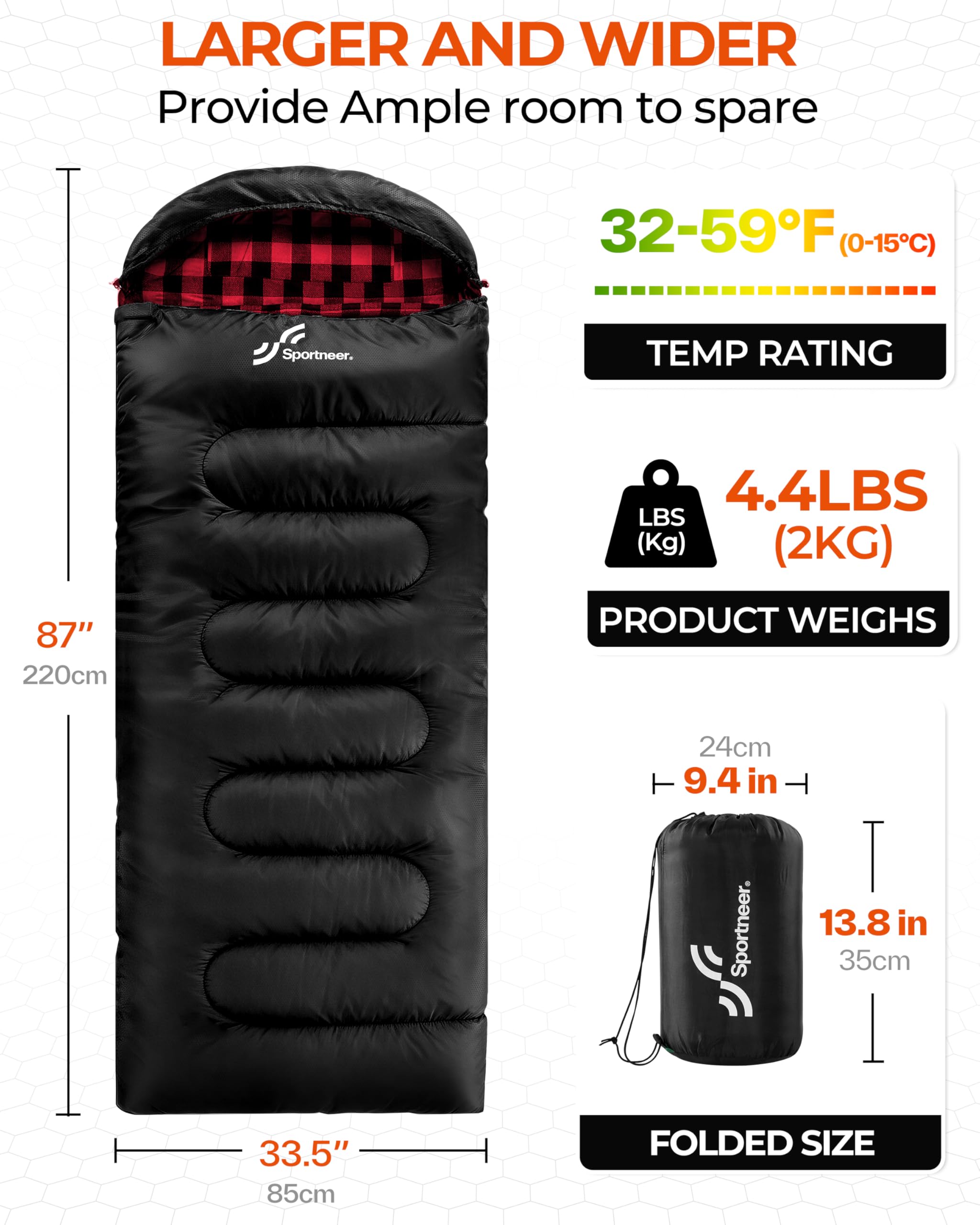 Sportneer Schlafsack Outdoor - Winterschlafsack Flanell 220 x 85 cm Schlafsack Winter mit Abnehmbarer Kapuze, Kompakt Deckenschlafsack 3-4 Jahreszeit Kaltes Wetter Outdoor Winter für Camping