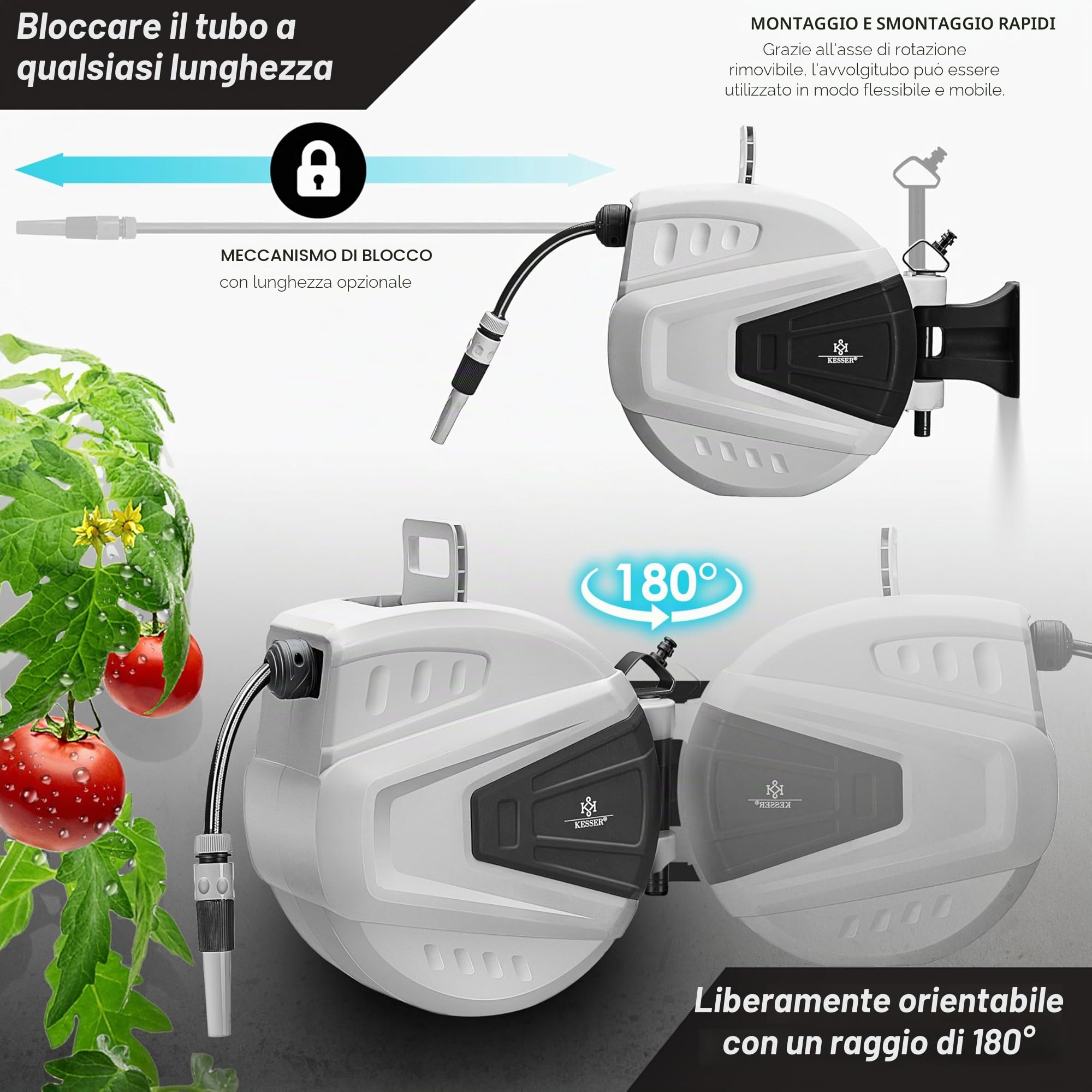 KESSER® Avvolgitore di Tubi Acqua | Doccetta Multipla | Orientabile a 180° | Tappo di riavvolgimento | Cassetta dei Tubi a Parete | Avvolgitubo dell'Acqua | Pompa da Giardino, Arancione, 15 Metri
