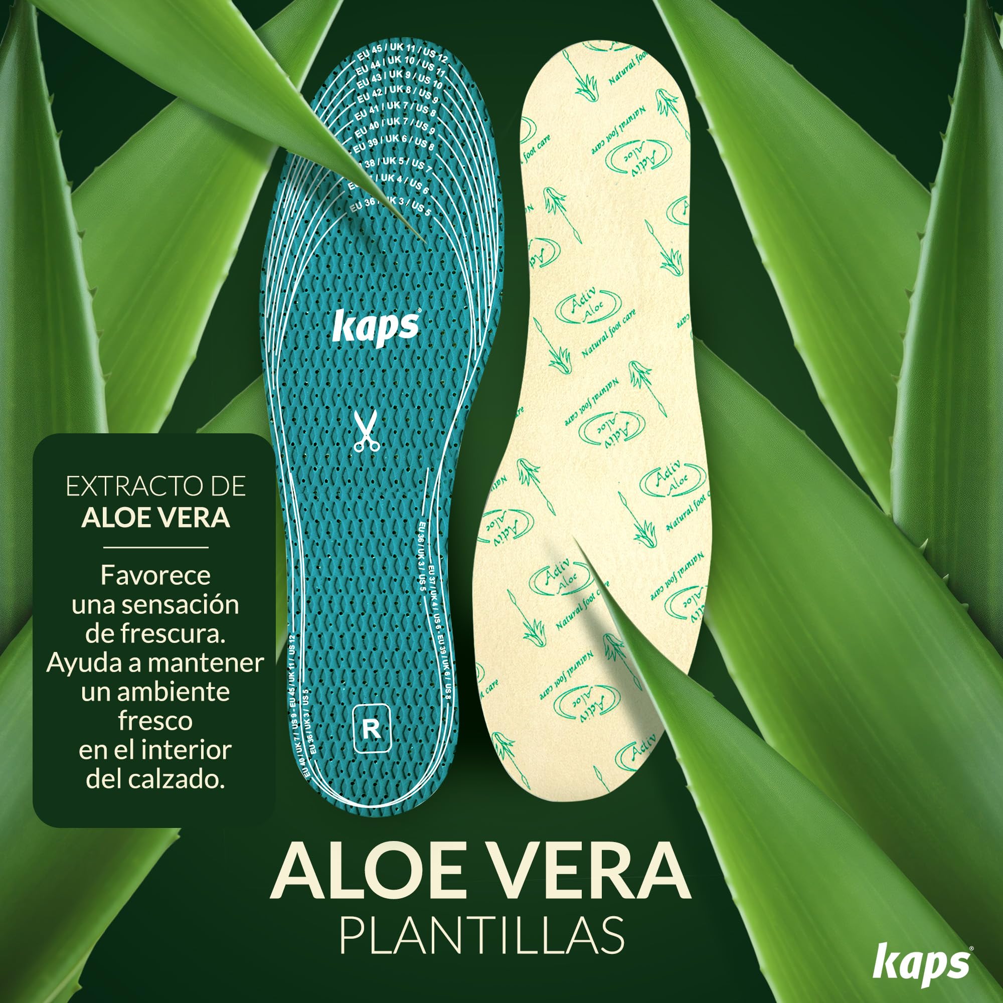 Kaps Plantillas Aloe Vera Ultra-Fresh Hombre y Mujer, Plantillas Zapatos Unisex Tacto Suave Transpirables y Antideslizantes - Para Cortar a Medida con Tecnología Antiolor - 6 Pares