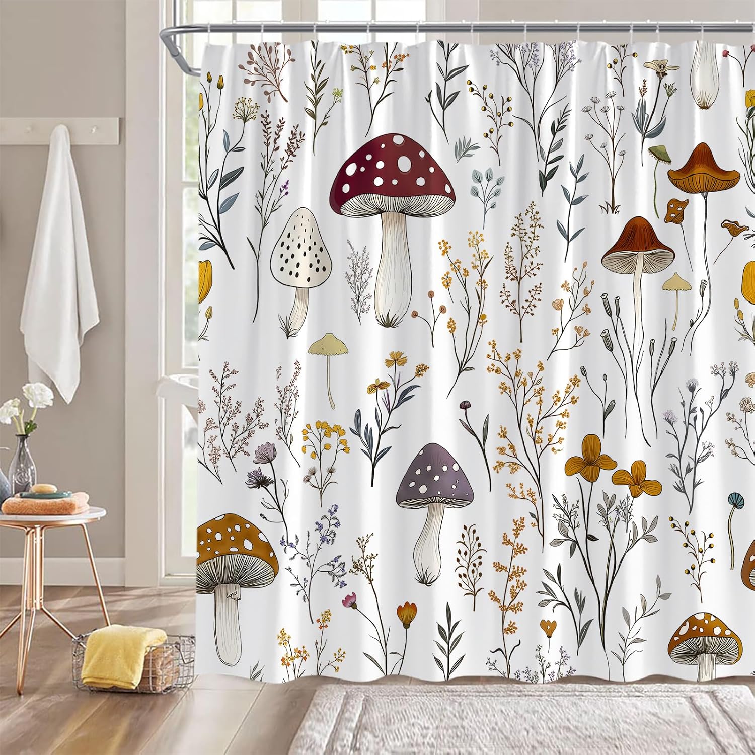 Mushroom Floral Extra Long Shower Curtain,Vintage Plant Flower Decor for Bathroom,Cute Botanical Fabric Curtain with Hooks,70x84 Inch