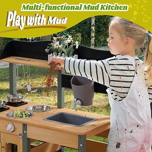 Miniatura 2 de ROBOTIME Cocina de barro para niños al aire libre, cocina de madera al aire libre con caja de observación de insectos y jardinera, cocina de juego