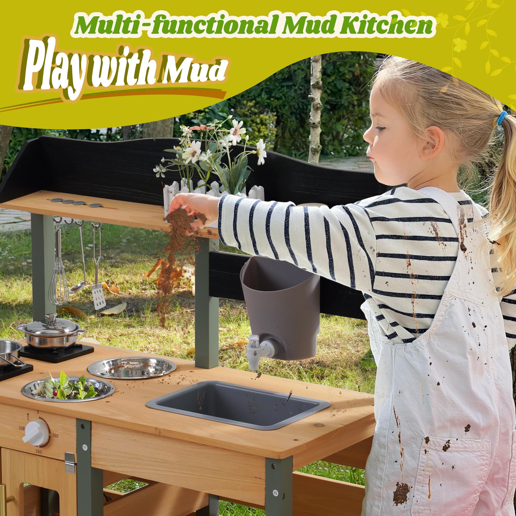 ROBUD Kinder Matschküche Holz, Spielküche mit Echtem Wasserhahn, Pflanzkasten, Insektenkasten, Rollenspiel Kinderküche für draußen, Geschenk für Mädchen Jungen ab 3 Jahren, Naturholz