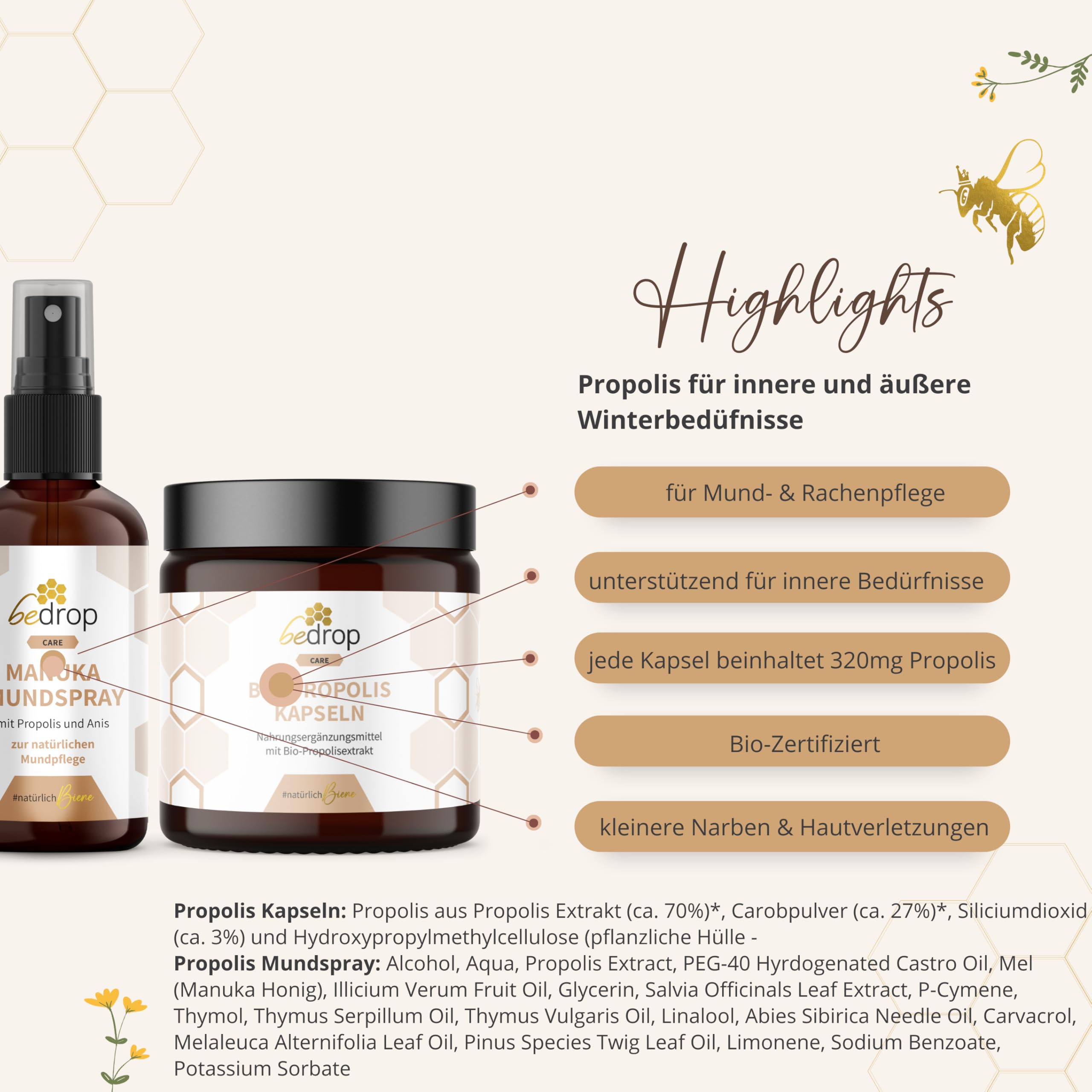 bedrop | Winter Care Set | Bee Balm, Propolis Kapseln, Royale Lotion, Manuka Honig 140g & Manuka Anis Spray für das Wohlbefinden