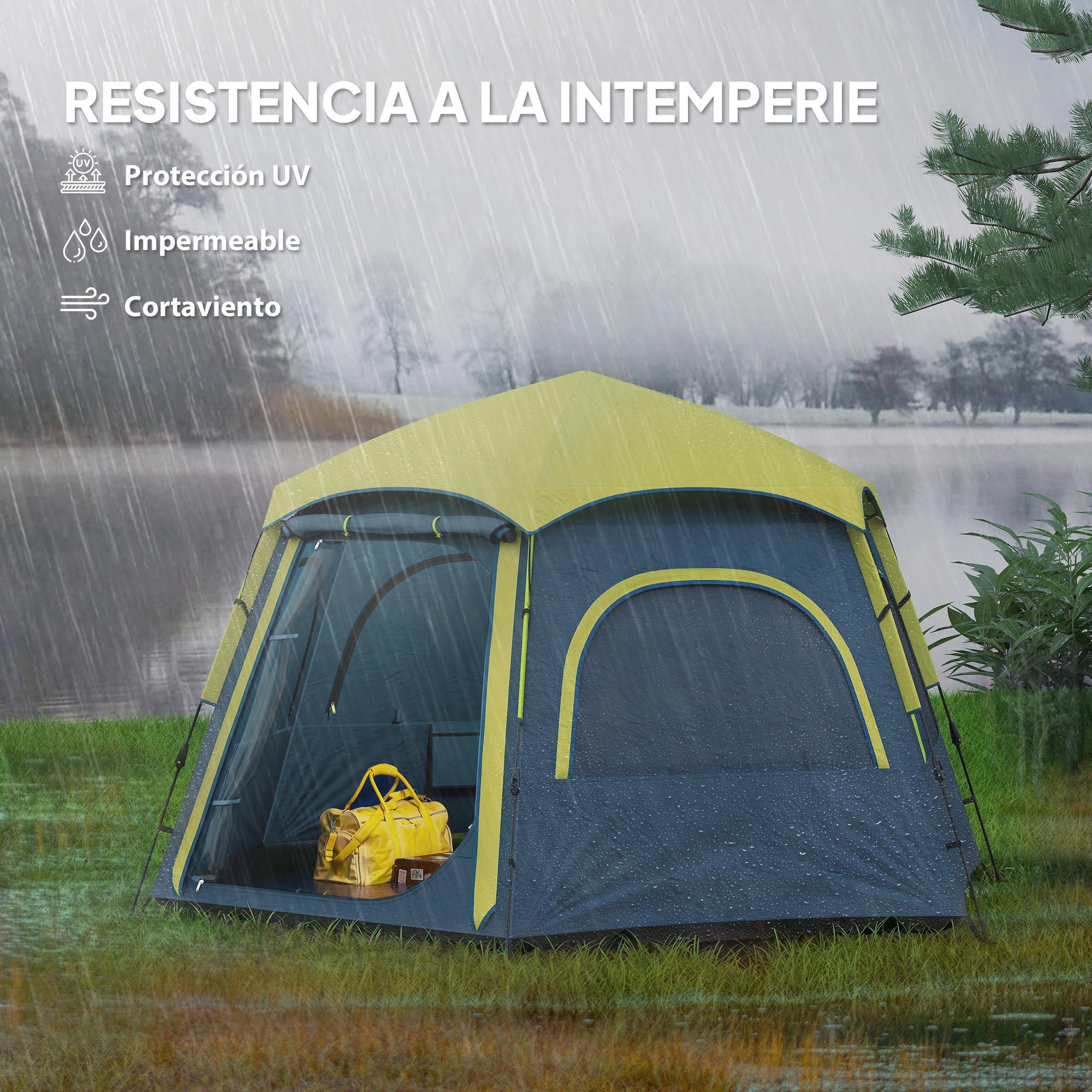 Outsunny Tienda de Campaña para 2-4 Personas Tienda de Camping Plegable con Fácil Instalación Ventanas de Malla Gancho y Bolsa Transporte Protección UV Impermeable 3000+ para Senderismo