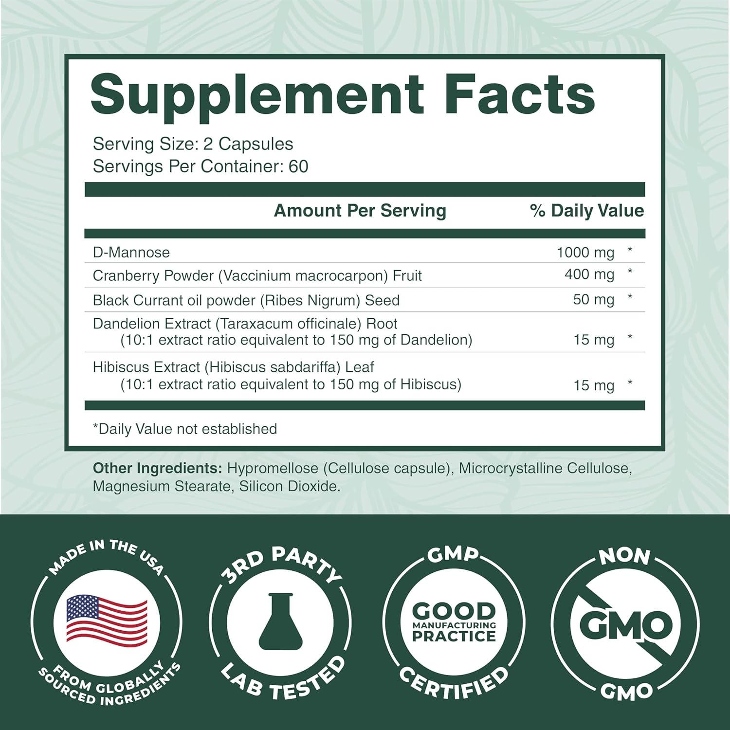 PurePremium D-Mannose with Cranberry, Hibiscus & Dandelion - 1000mg D-Mannose Supplements for Women Supports Urinary Tract Health & Bladder Health - Made in USA, Vegan, 120 Capsules, 2 Month Supply - Image 4