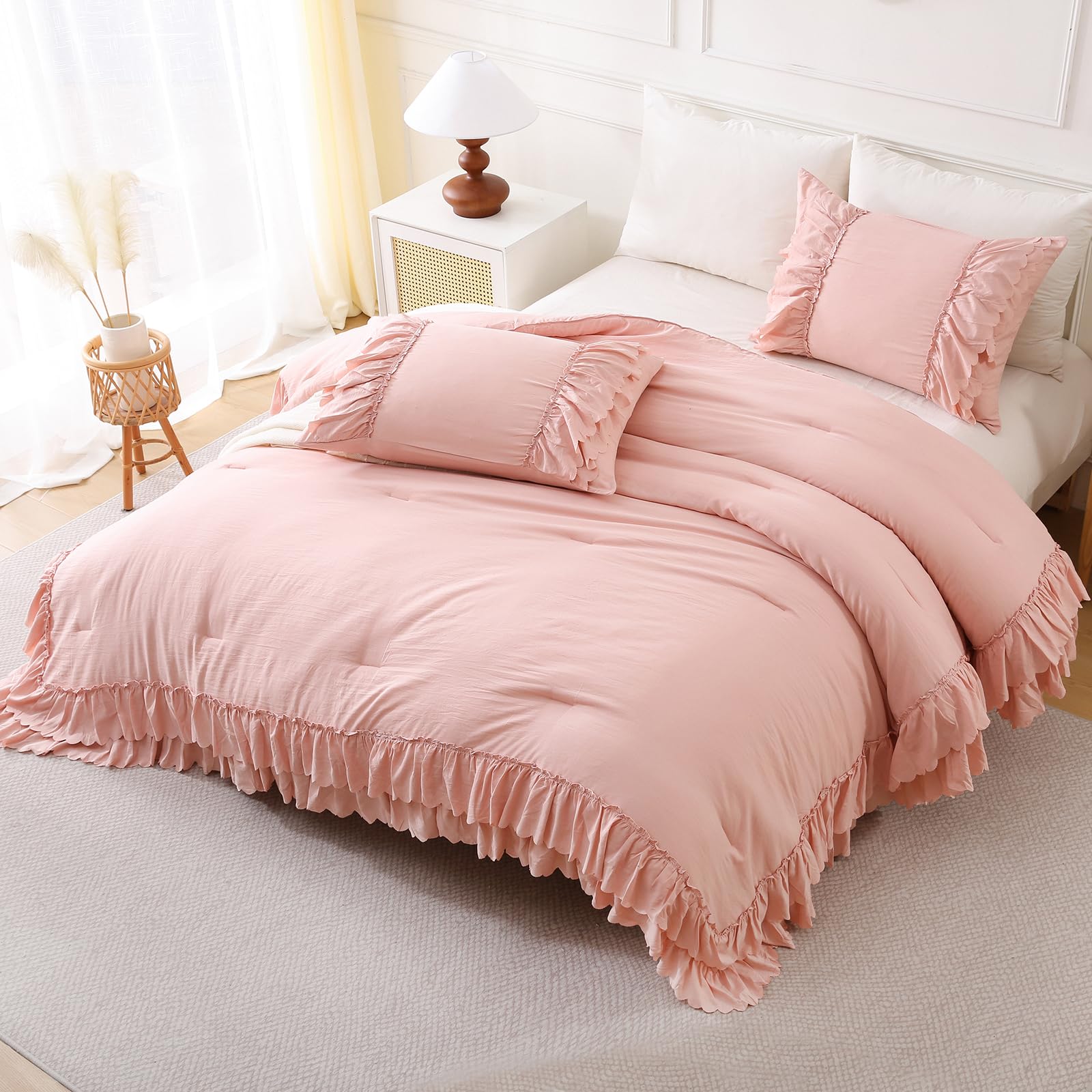 Herside Girls Pink Bedding Set King Size Boho Ruffled Duvet Cover Set 3 Pieces Ultra Soft Microfibre Quilt Cover Rustic Chic Bedding Cover Cute Home Decor Quilt Cover - Image 4