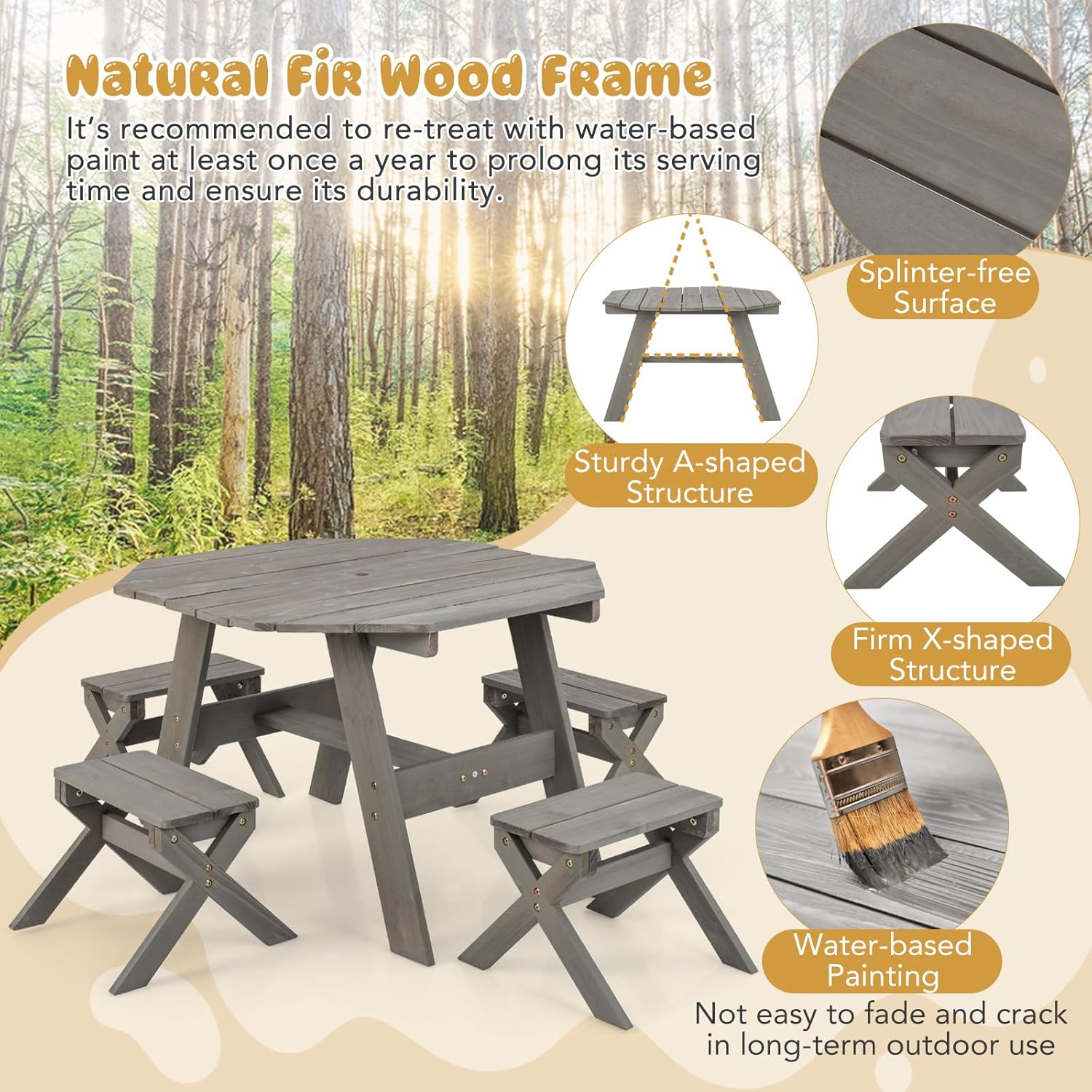 HONEY JOY Kids Picnic Table, Fir Wood Octagon Table & 4 Stool Set, Stripe Fabric Umbrella, Toddler Picnic Table for Outdoors, Children Backyard Furniture for Patio Garden(Gray)