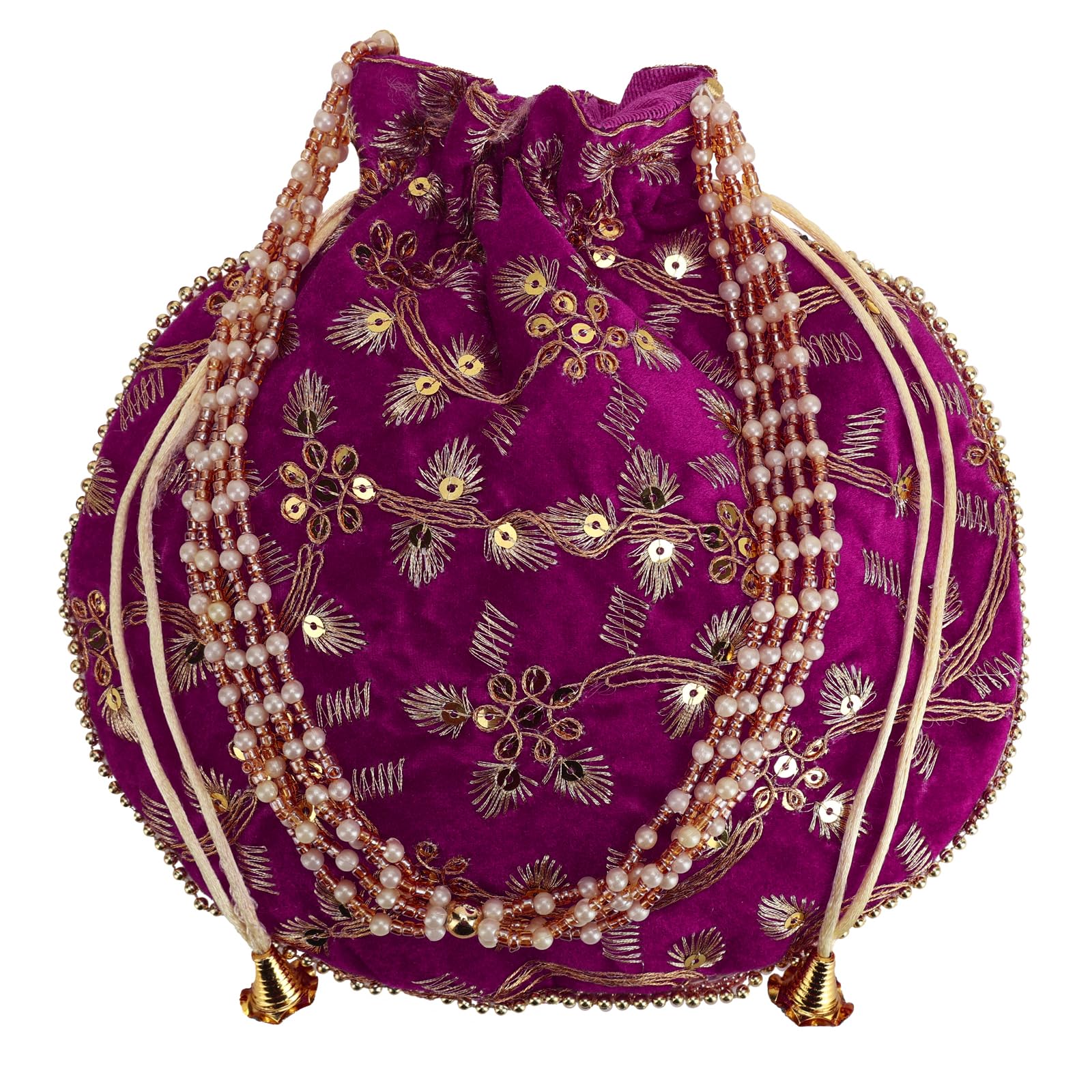 Craft Trade Women's Cotton Embroidered Potli Bag with Drawstring and Pearl Handle Pouch Golden Work Ladies Purse for Bridal