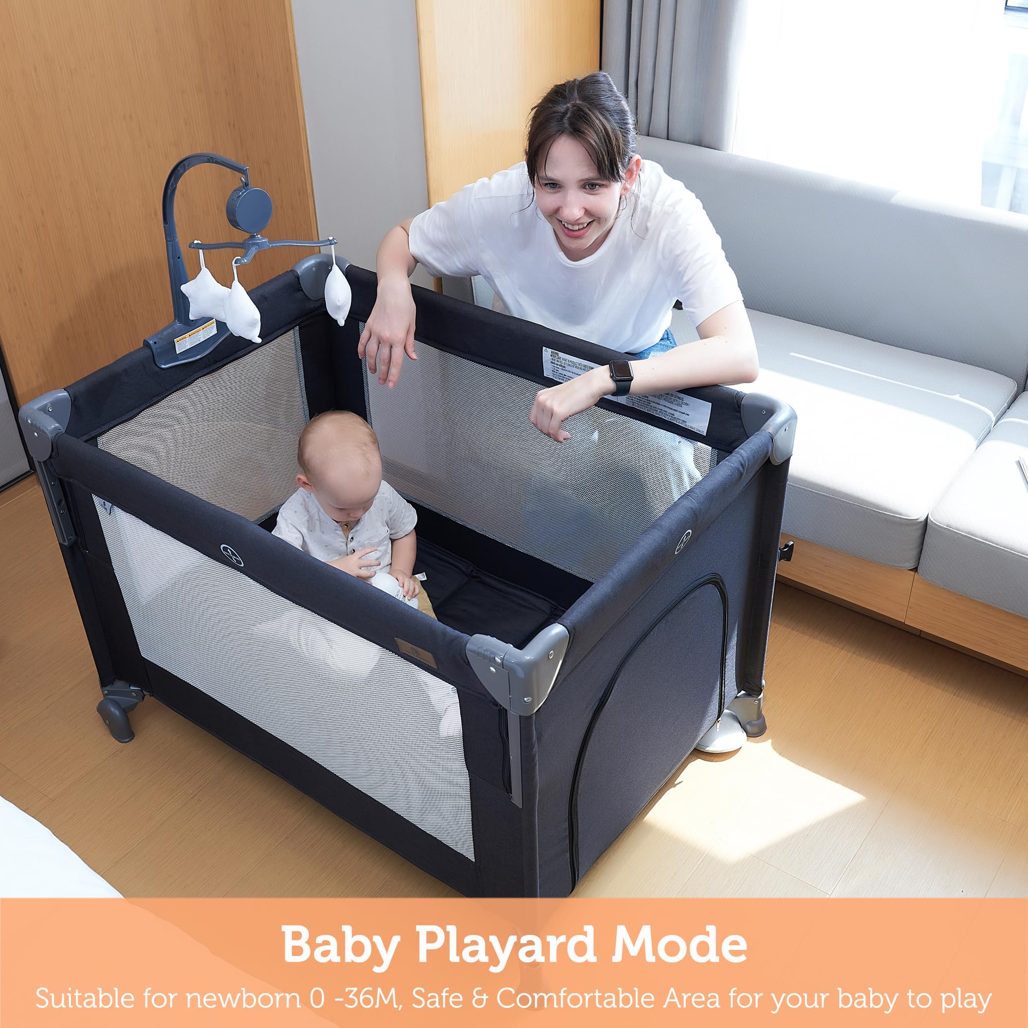 Cama de noche 5 en 1 para bebé, para empacar y jugar con moisés y colchón, cuna portátil con almacenamiento, corral con moisés desde recién nacidos hasta niños pequeños (gris oscuro) (gris 3